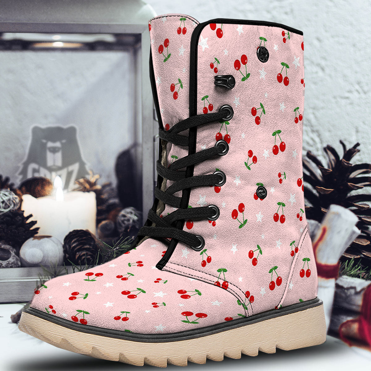 Cherry Pink Print Pattern Snow Boots-grizzshop