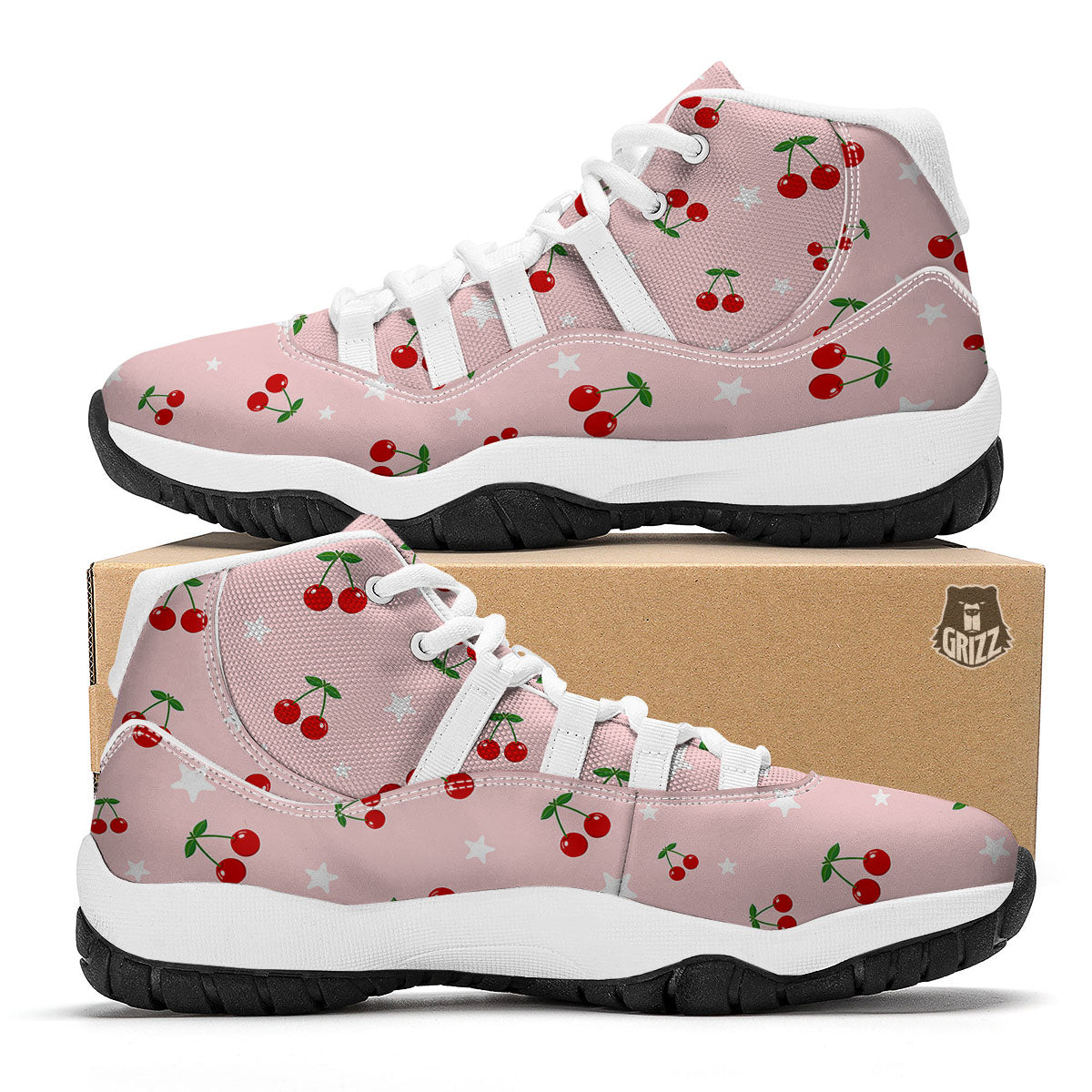 Cherry Pink Print Pattern White Bball Shoes-grizzshop
