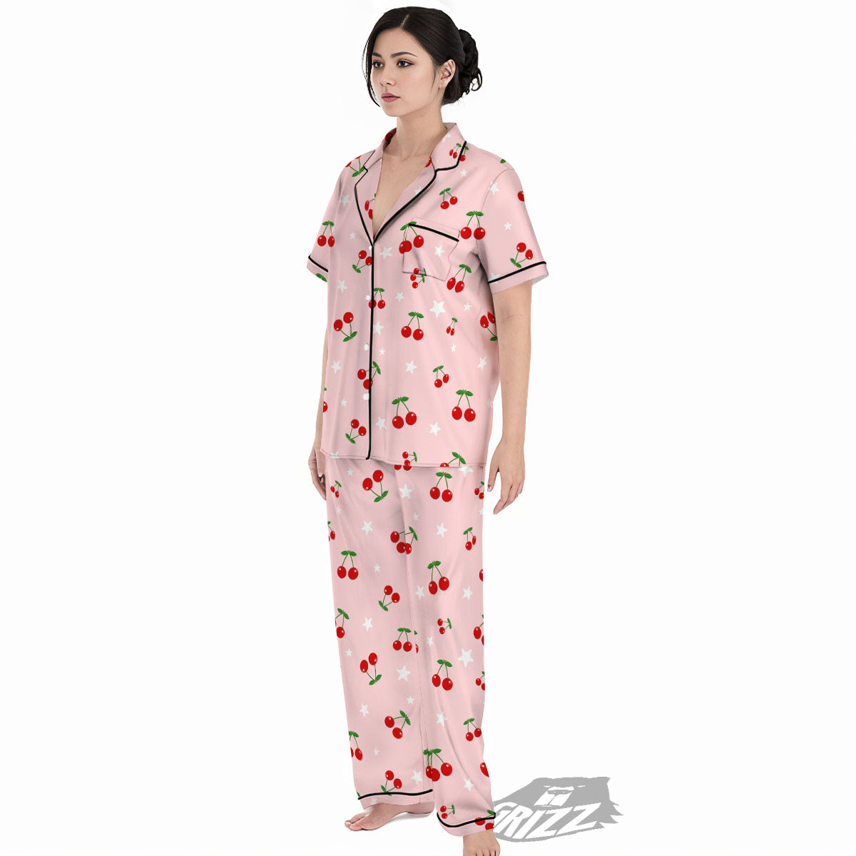 Cherry Pink Print Pattern Women's Pajamas Set-grizzshop