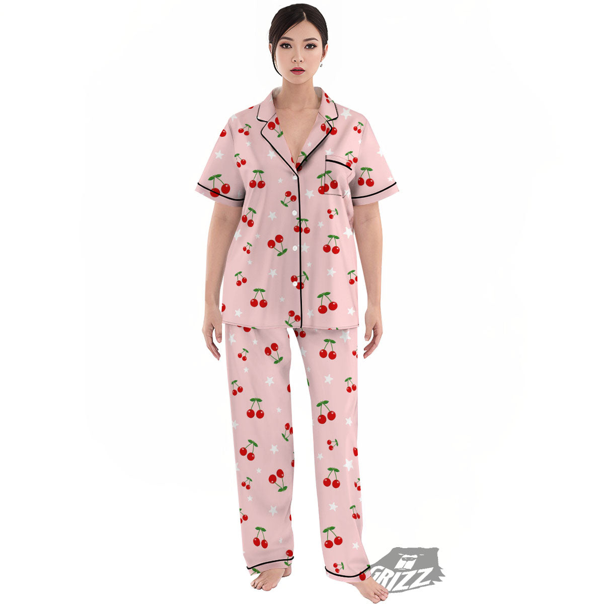 Cherry Pink Print Pattern Women's Pajamas Set-grizzshop