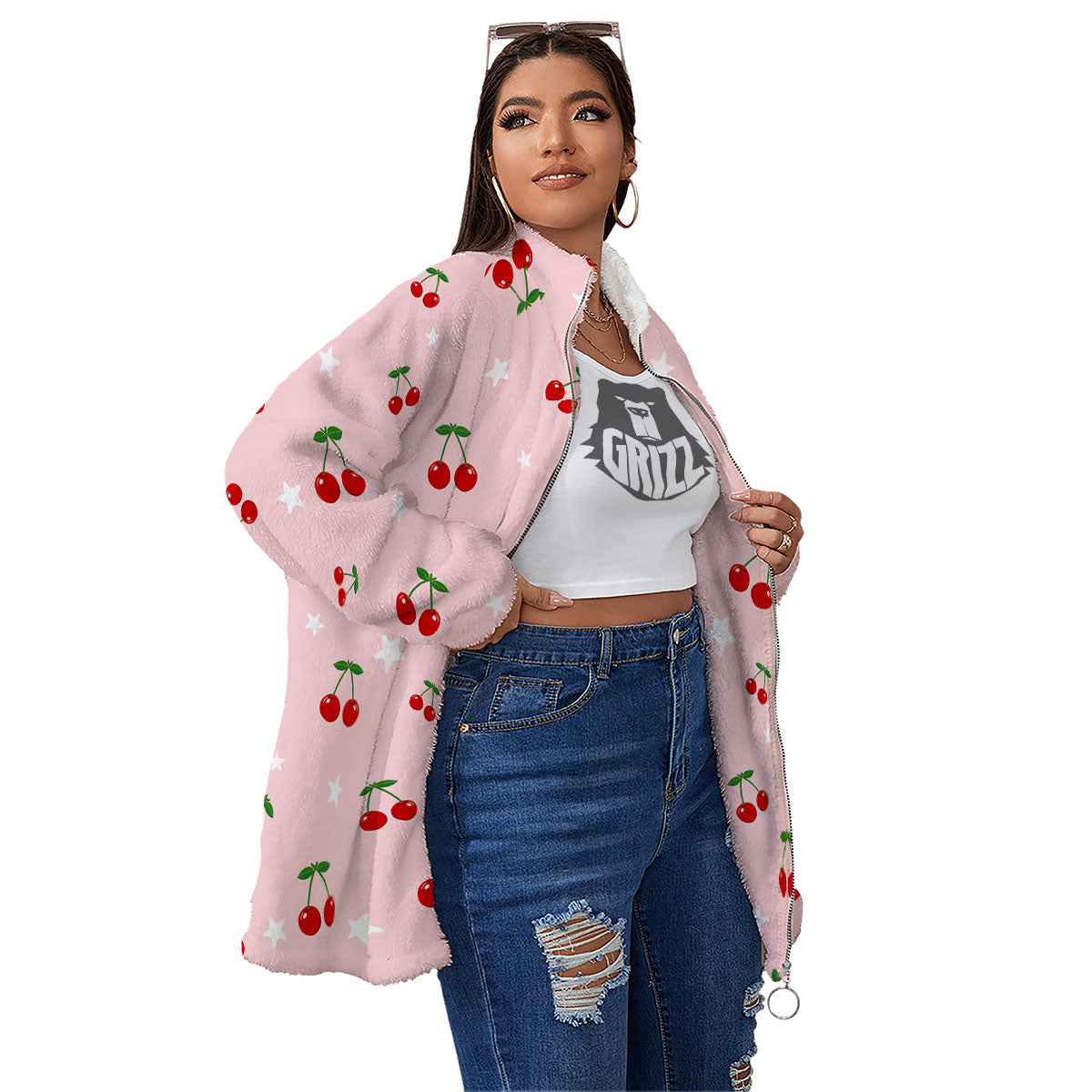 Cherry Pink Print Pattern Women's Sherpa Jacket-grizzshop