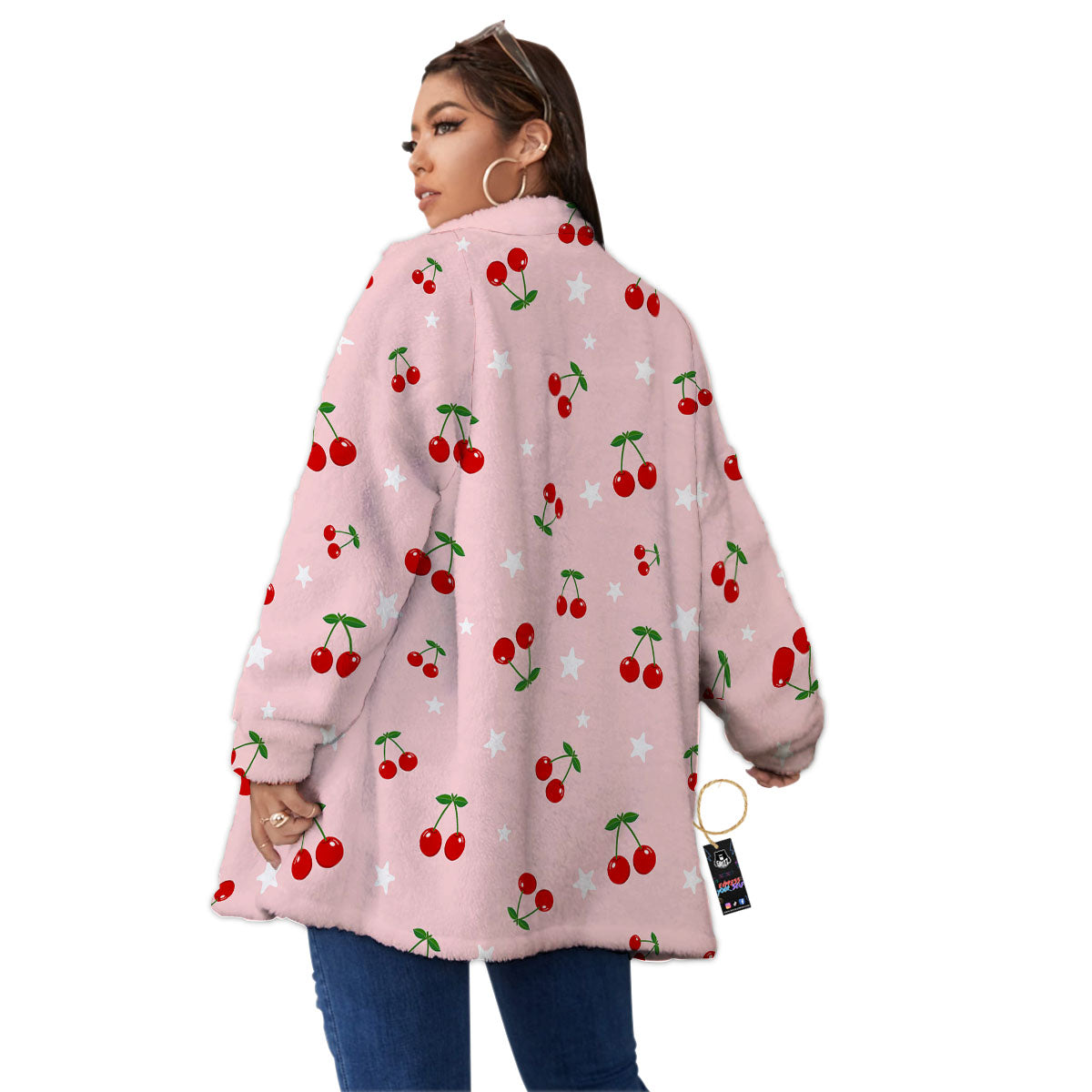 Cherry Pink Print Pattern Women's Sherpa Jacket-grizzshop
