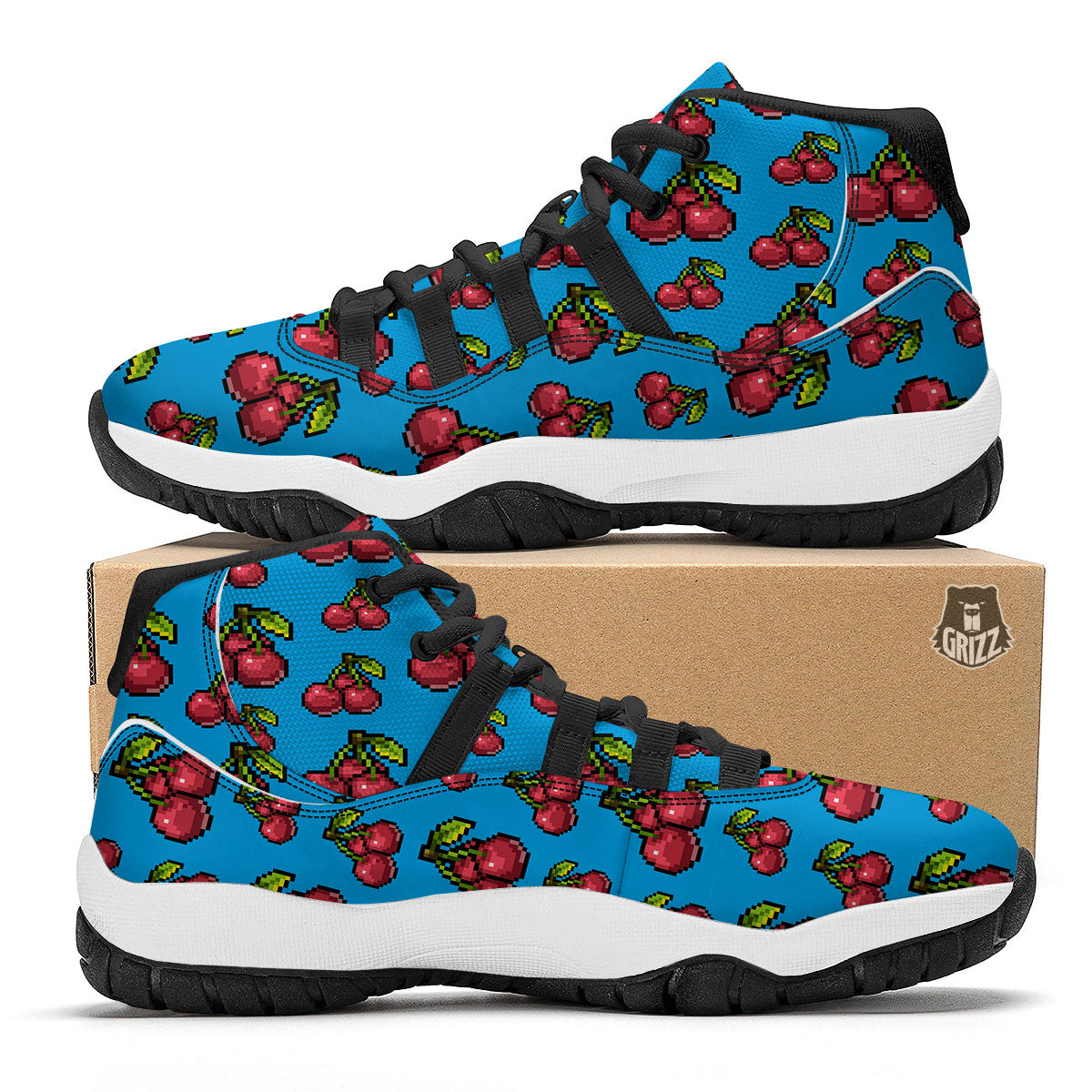 Cherry Pixel Print Pattern Black Bball Shoes-grizzshop