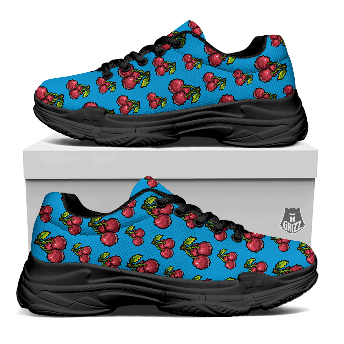Cherry Pixel Print Pattern Black Chunky Shoes-grizzshop
