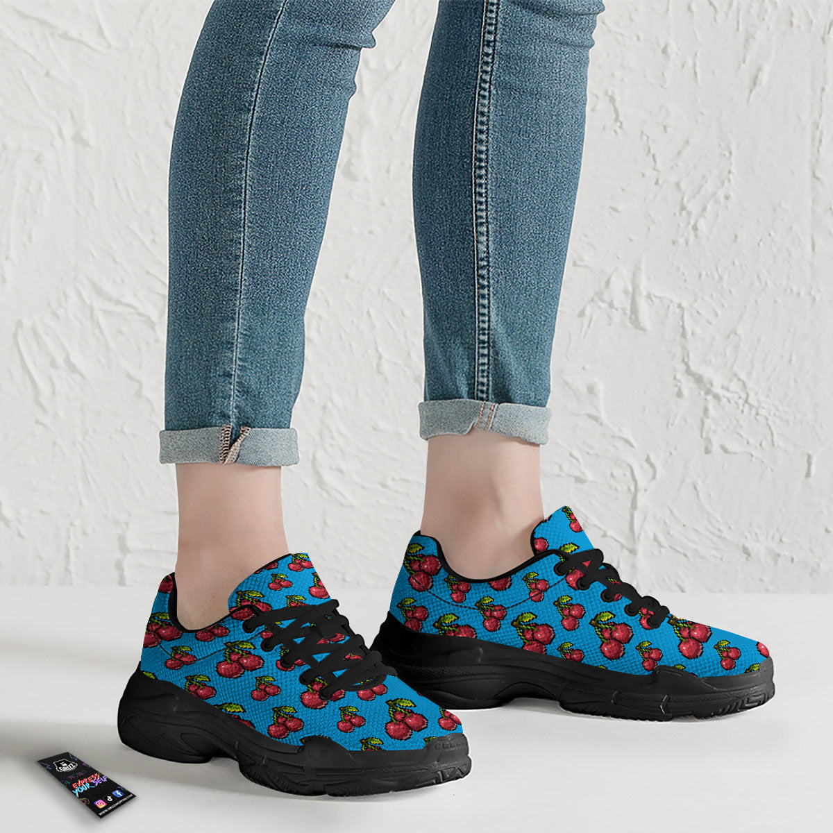 Cherry Pixel Print Pattern Black Chunky Shoes-grizzshop