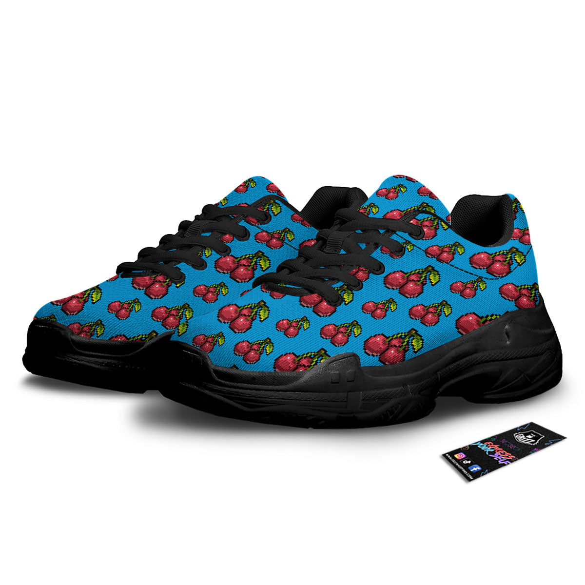 Cherry Pixel Print Pattern Black Chunky Shoes-grizzshop