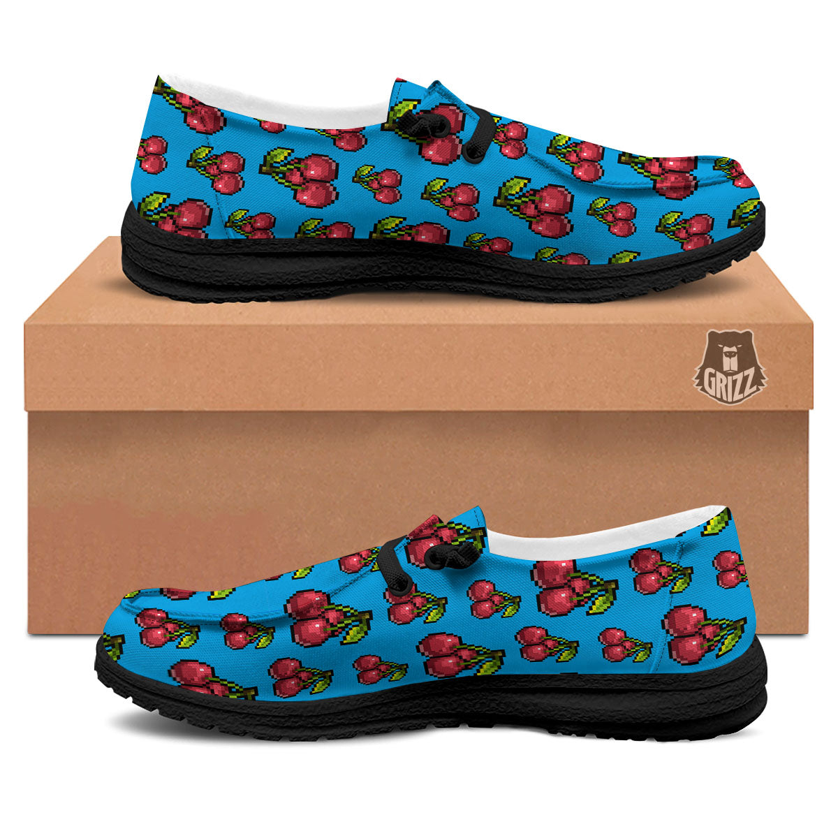Cherry Pixel Print Pattern Black Loafers-grizzshop