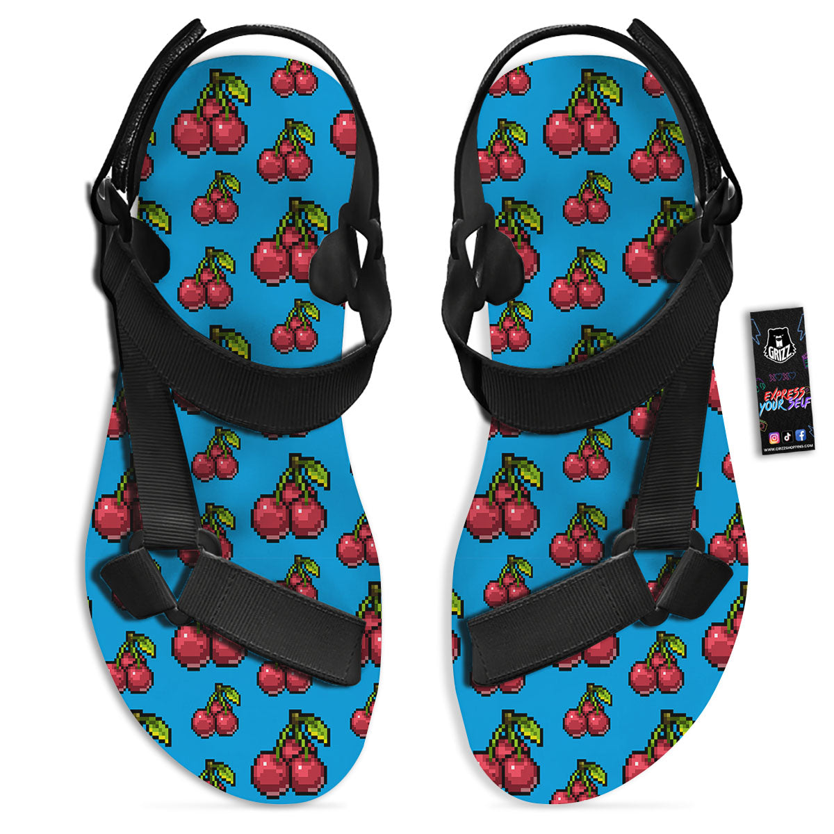 Cherry Pixel Print Pattern Black Open Toe Sandals-grizzshop