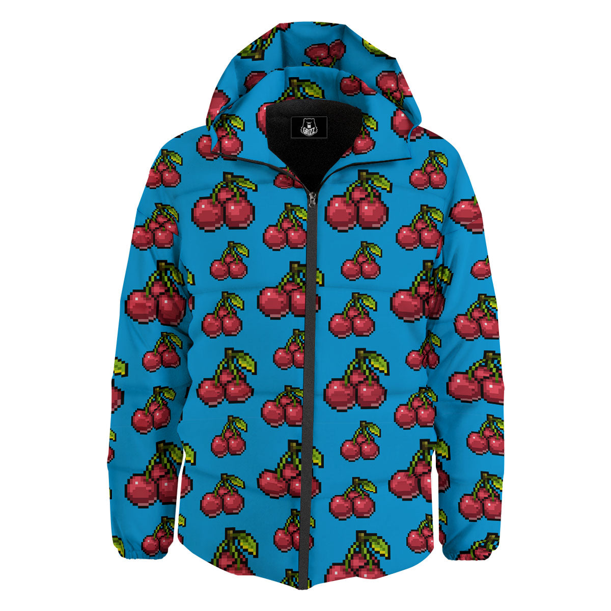 Cherry Pixel Print Pattern Down Jacket-grizzshop