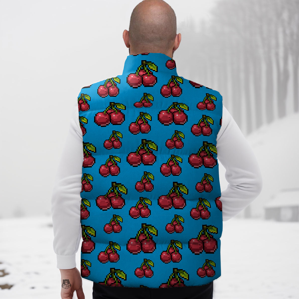 Cherry Pixel Print Pattern Down Vest-grizzshop