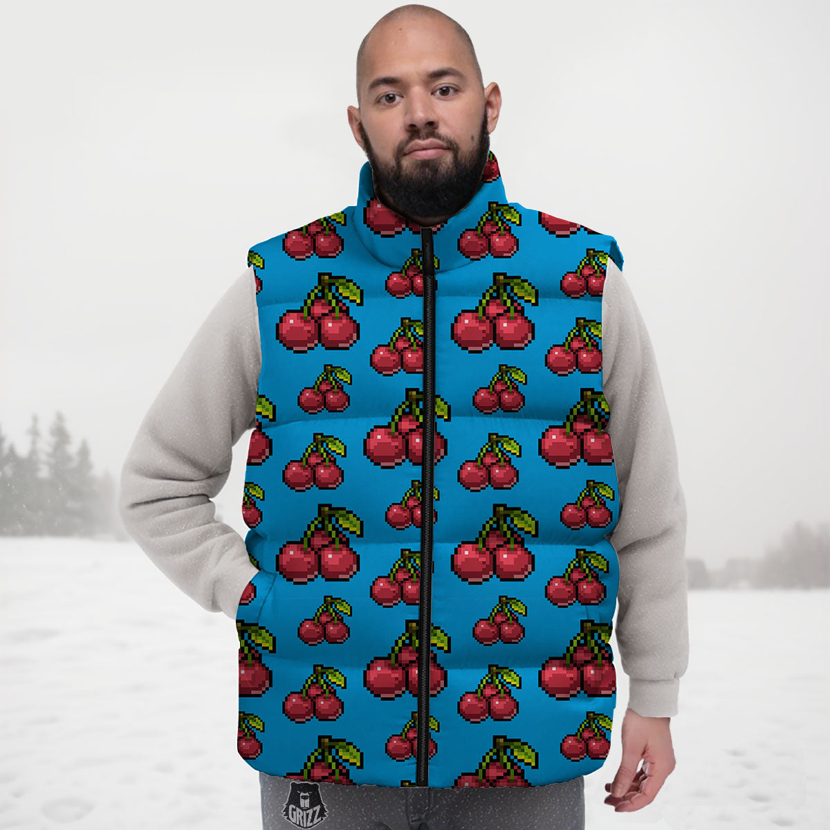 Cherry Pixel Print Pattern Down Vest-grizzshop