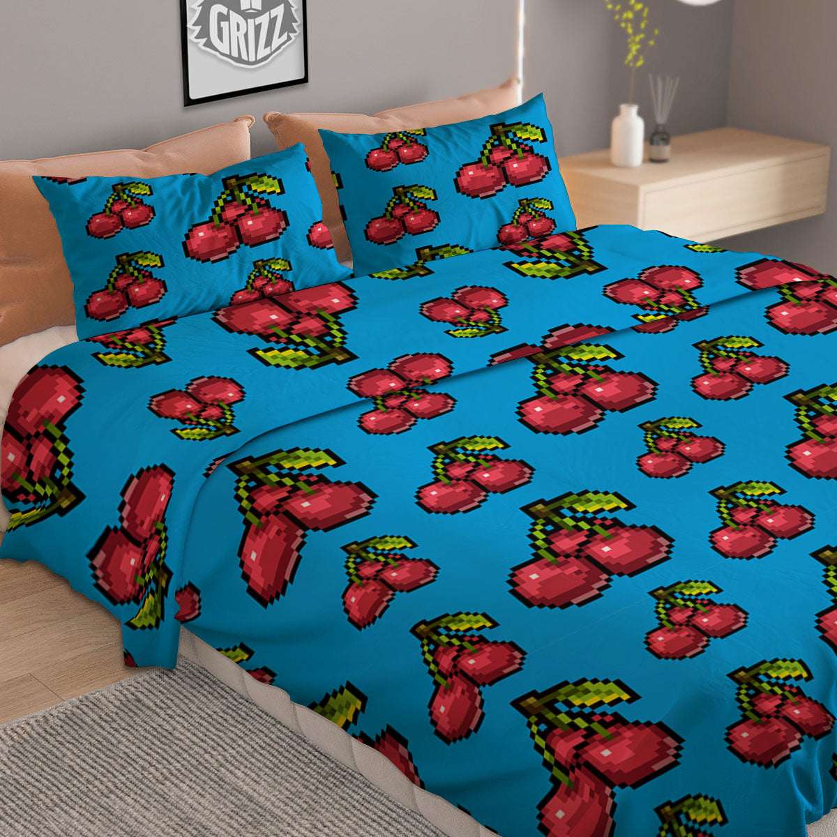 Cherry Pixel Print Pattern Duvet Cover Bedding Set-grizzshop