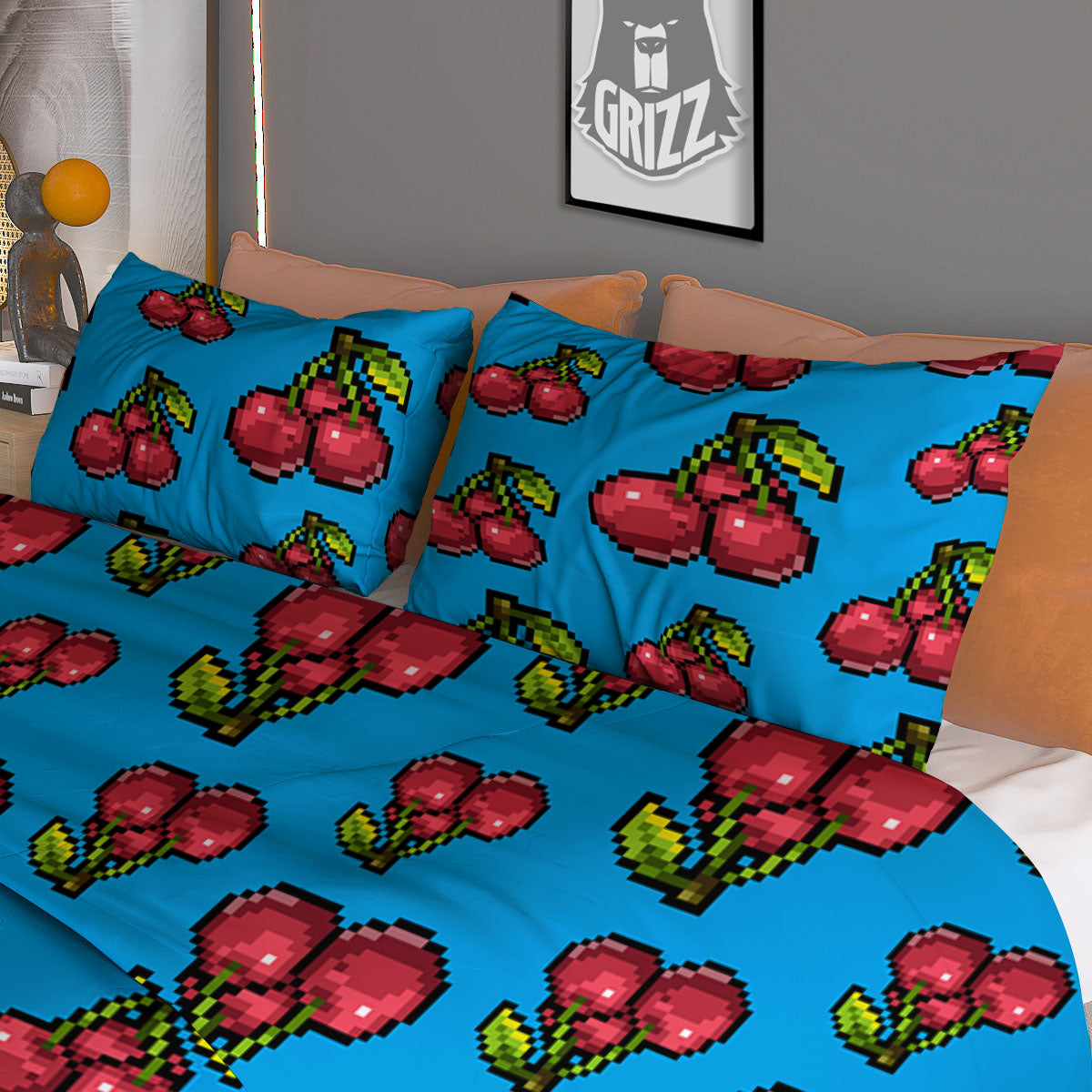 Cherry Pixel Print Pattern Duvet Cover Bedding Set-grizzshop