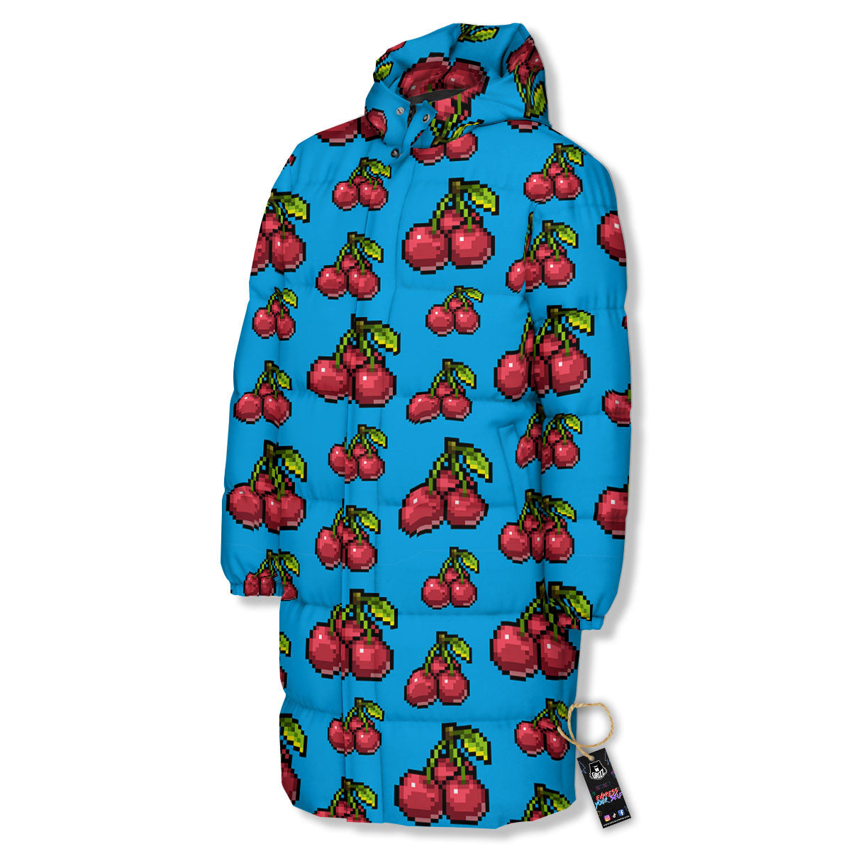 Cherry Pixel Print Pattern Long Down Jacket-grizzshop