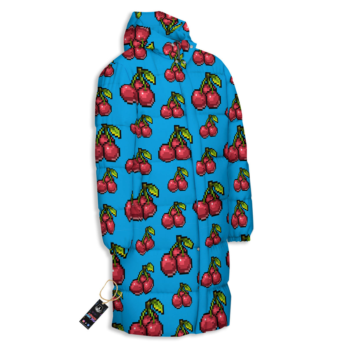 Cherry Pixel Print Pattern Long Down Jacket-grizzshop