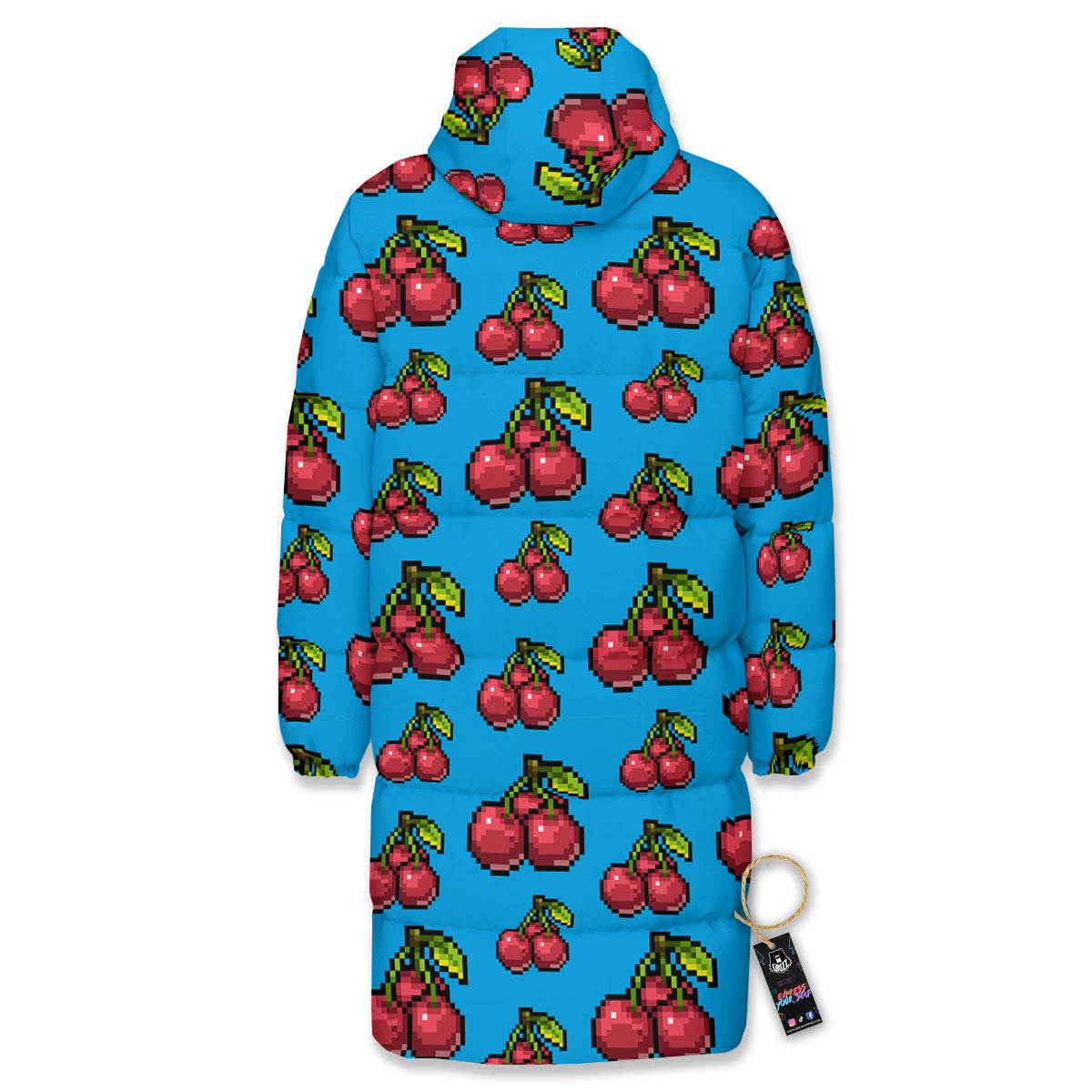 Cherry Pixel Print Pattern Long Down Jacket-grizzshop