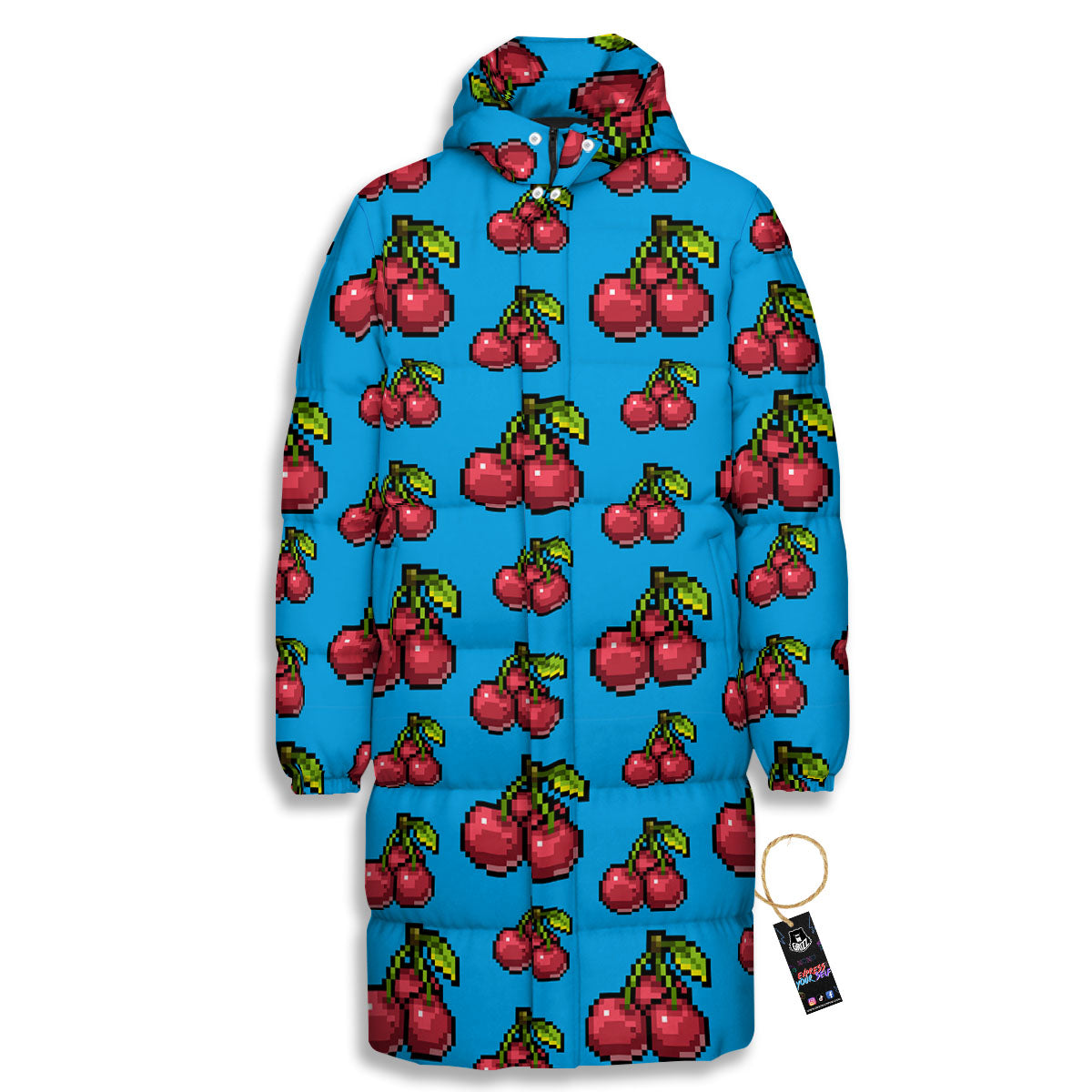 Cherry Pixel Print Pattern Long Down Jacket-grizzshop