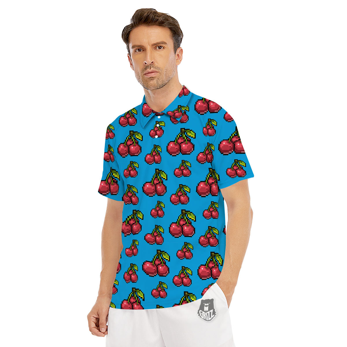 Cherry Pixel Print Pattern Men's Golf Shirts-grizzshop