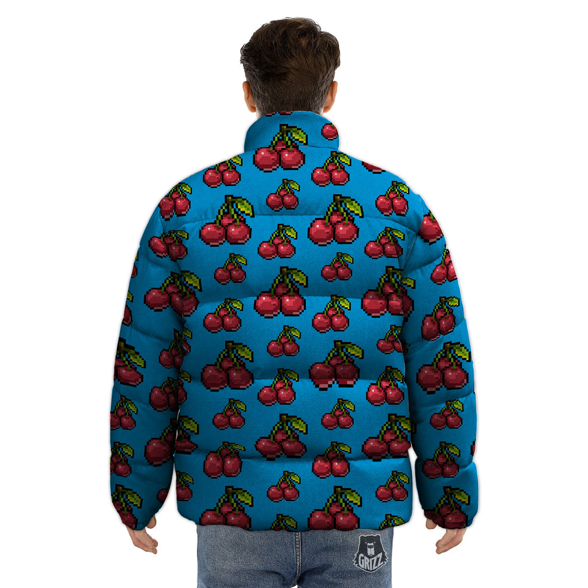 Cherry Pixel Print Pattern Puffer Jacket-grizzshop