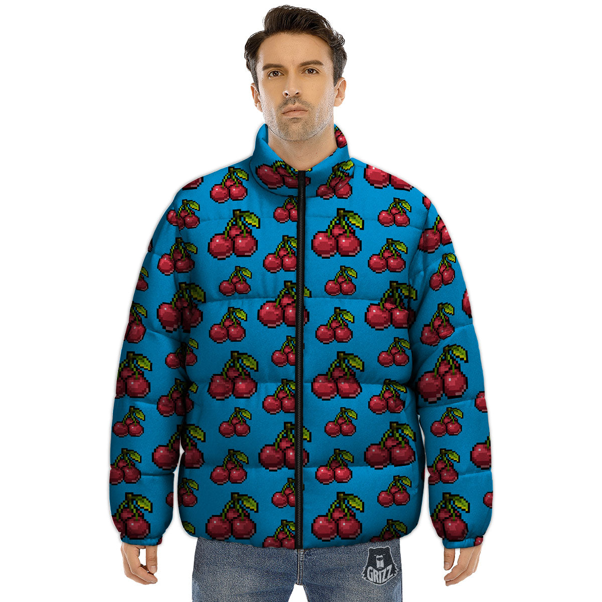 Cherry Pixel Print Pattern Puffer Jacket-grizzshop