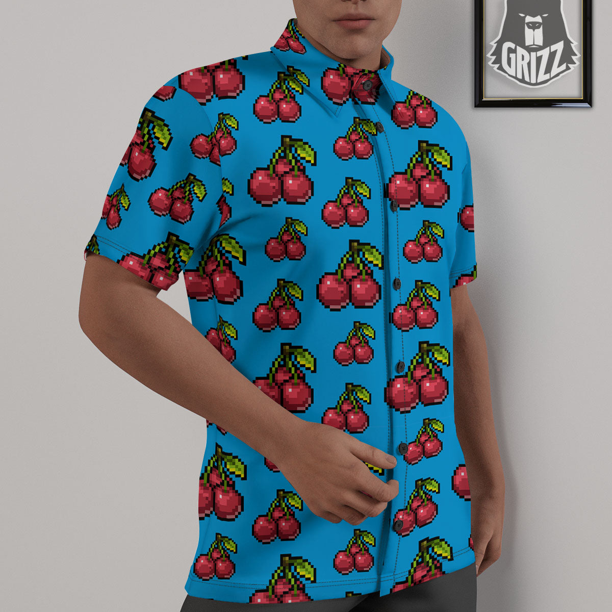 Cherry Pixel Print Pattern Untucked Shirts-grizzshop