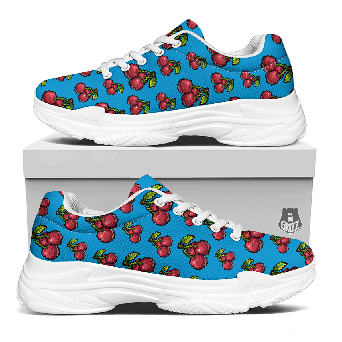 Cherry Pixel Print Pattern White Chunky Shoes-grizzshop