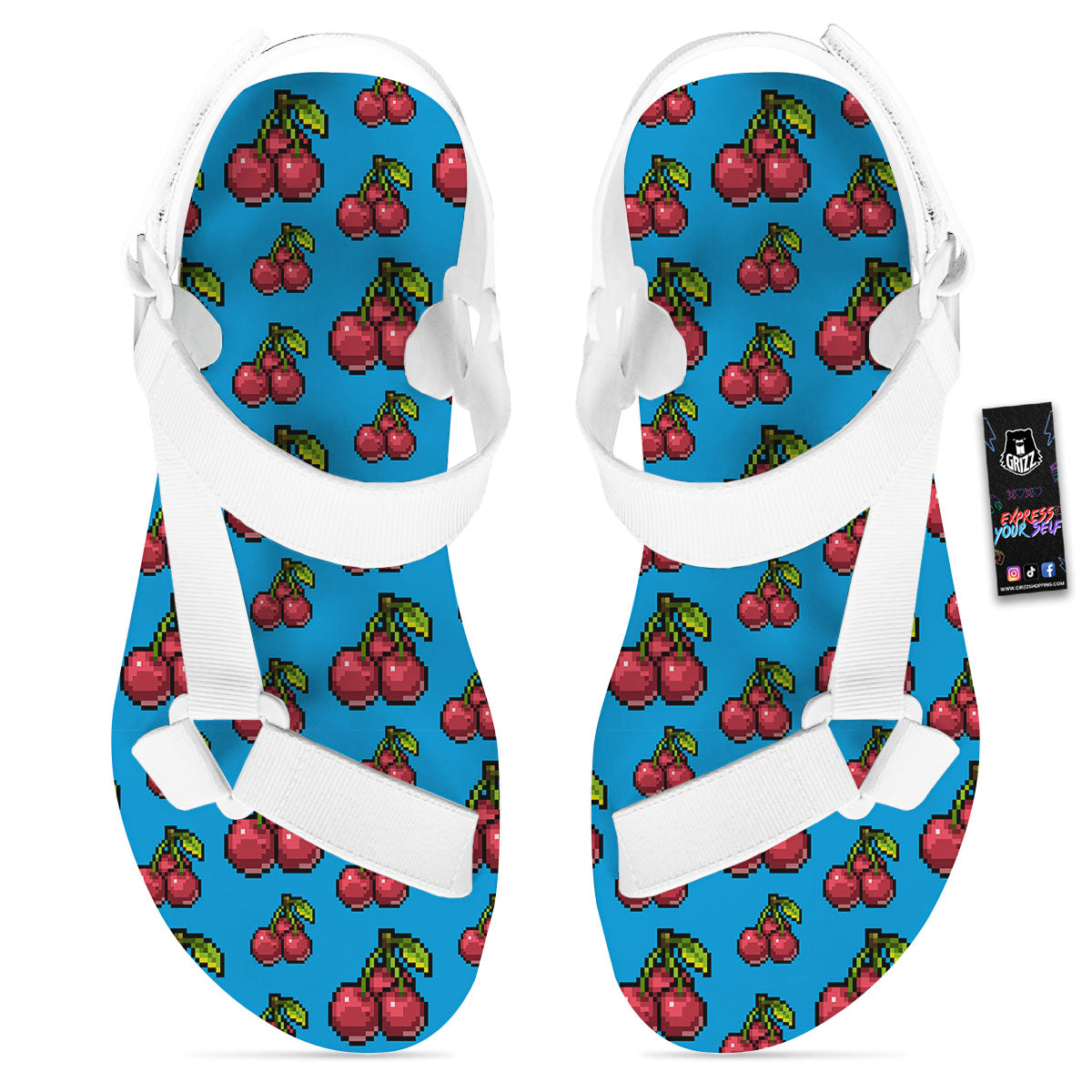 Cherry Pixel Print Pattern White Open Toe Sandals-grizzshop