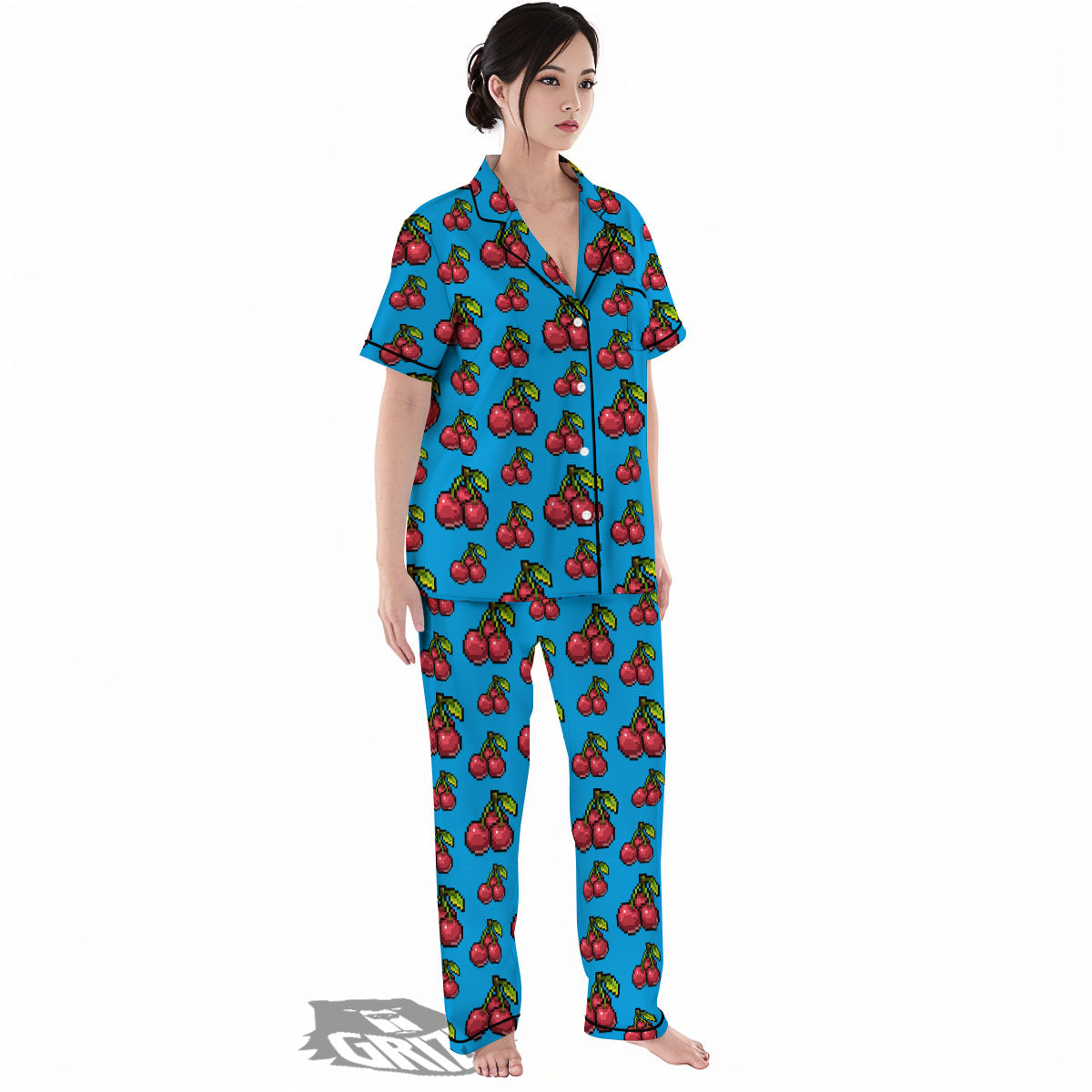 Cherry Pixel Print Pattern Women's Pajamas Set-grizzshop