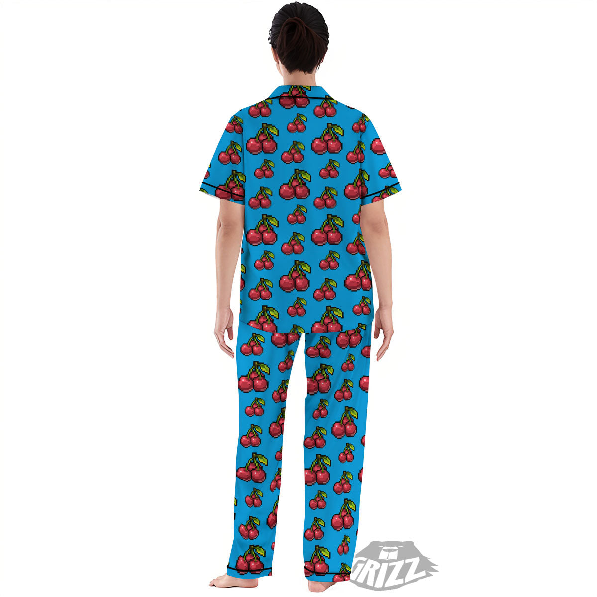 Cherry Pixel Print Pattern Women's Pajamas Set-grizzshop