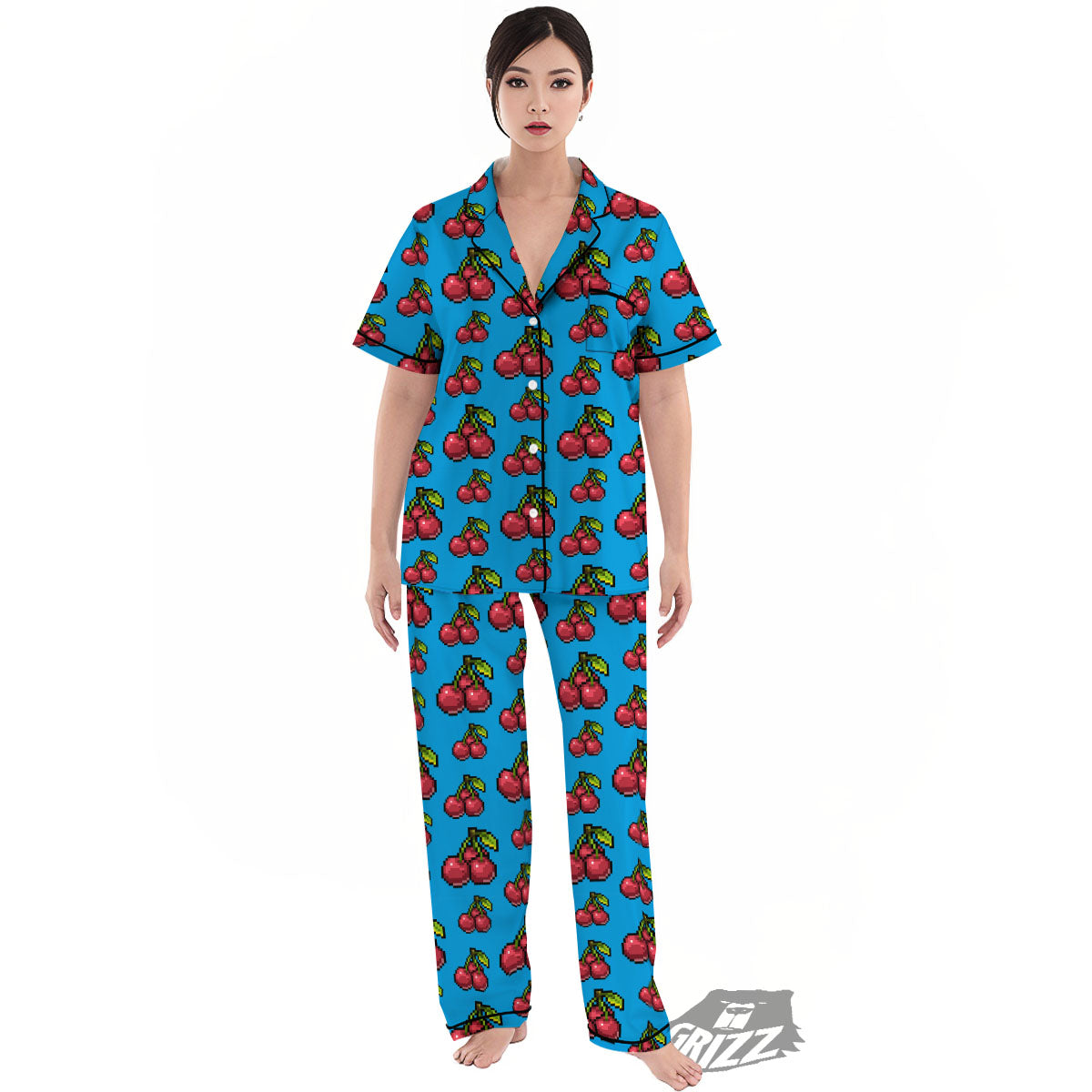 Cherry Pixel Print Pattern Women's Pajamas Set-grizzshop