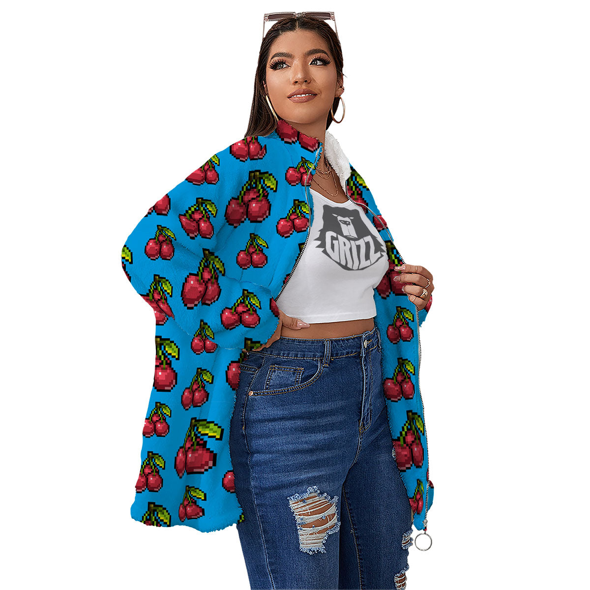 Cherry Pixel Print Pattern Women's Sherpa Jacket-grizzshop