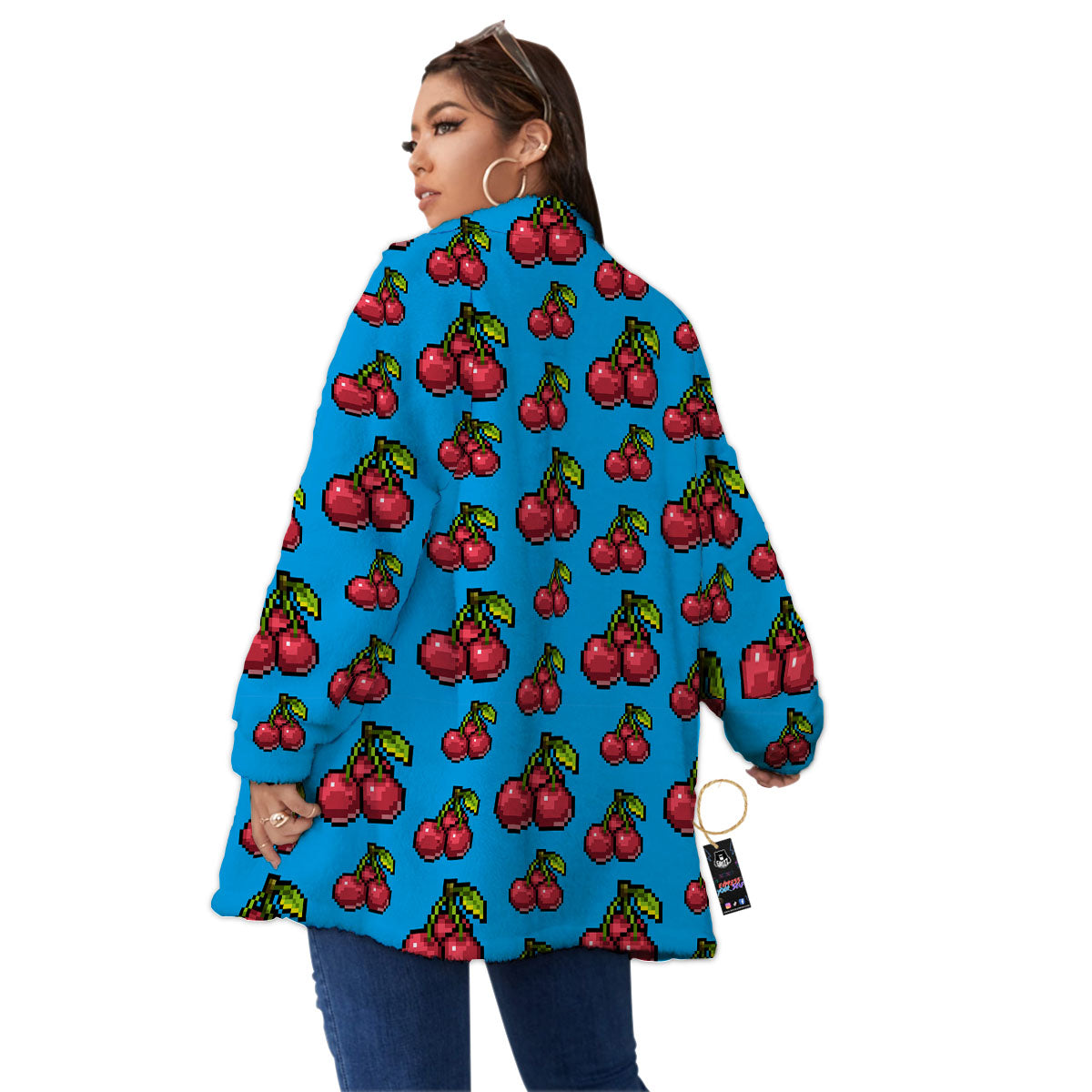 Cherry Pixel Print Pattern Women's Sherpa Jacket-grizzshop