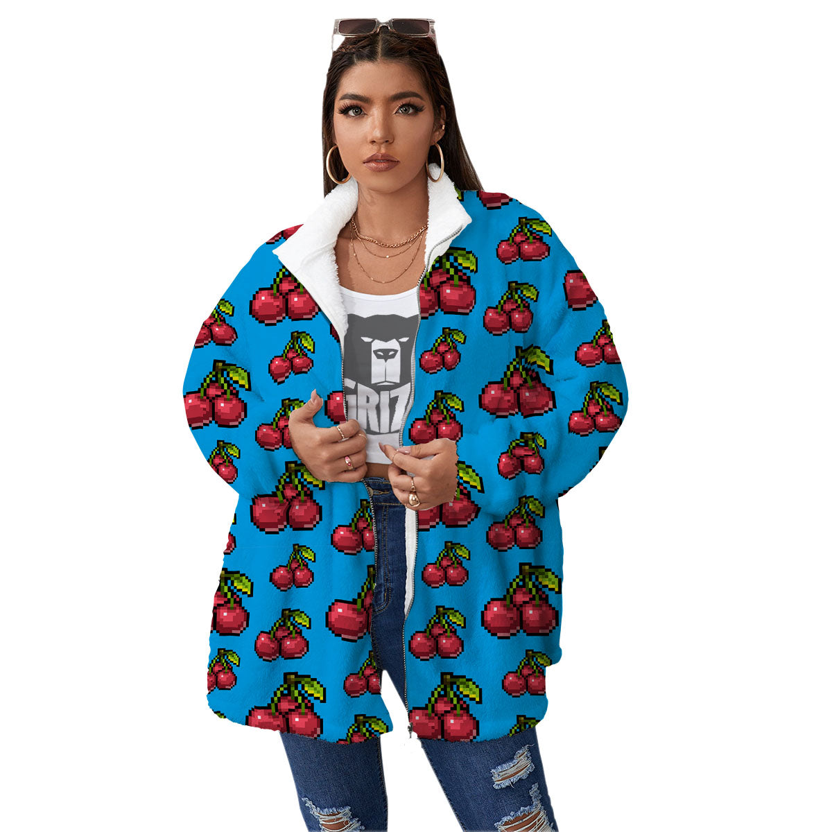 Cherry Pixel Print Pattern Women's Sherpa Jacket-grizzshop