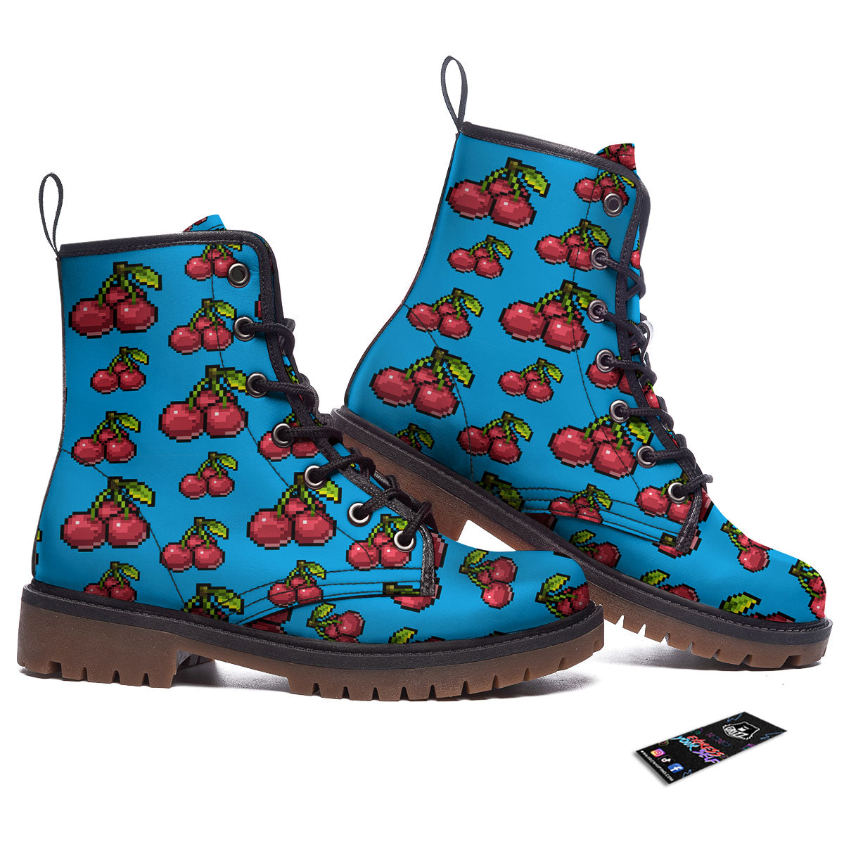Cherry Pixel Print Pattern Work Boots-grizzshop