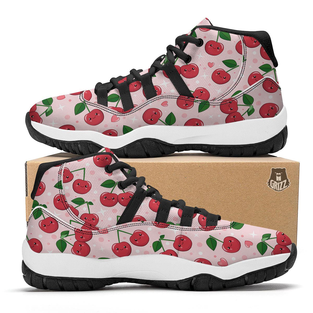 Cherry Print Pattern Black Bball Shoes-grizzshop