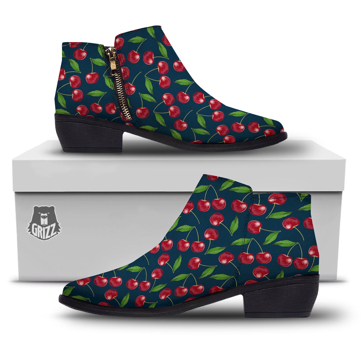 Cherry Red Print Pattern Ankle Boots-grizzshop