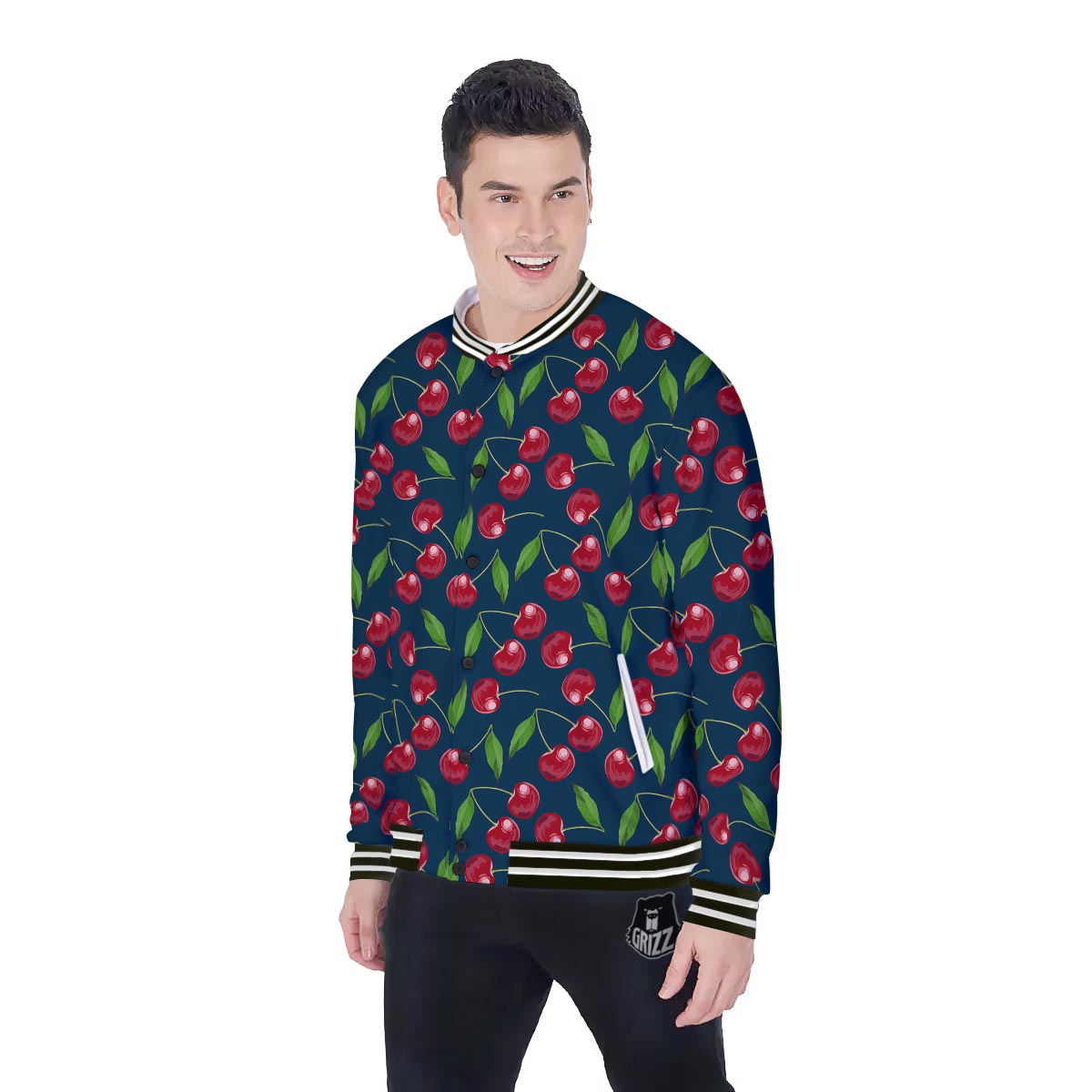 Cherry Red Print Pattern Baseball Jacket-grizzshop