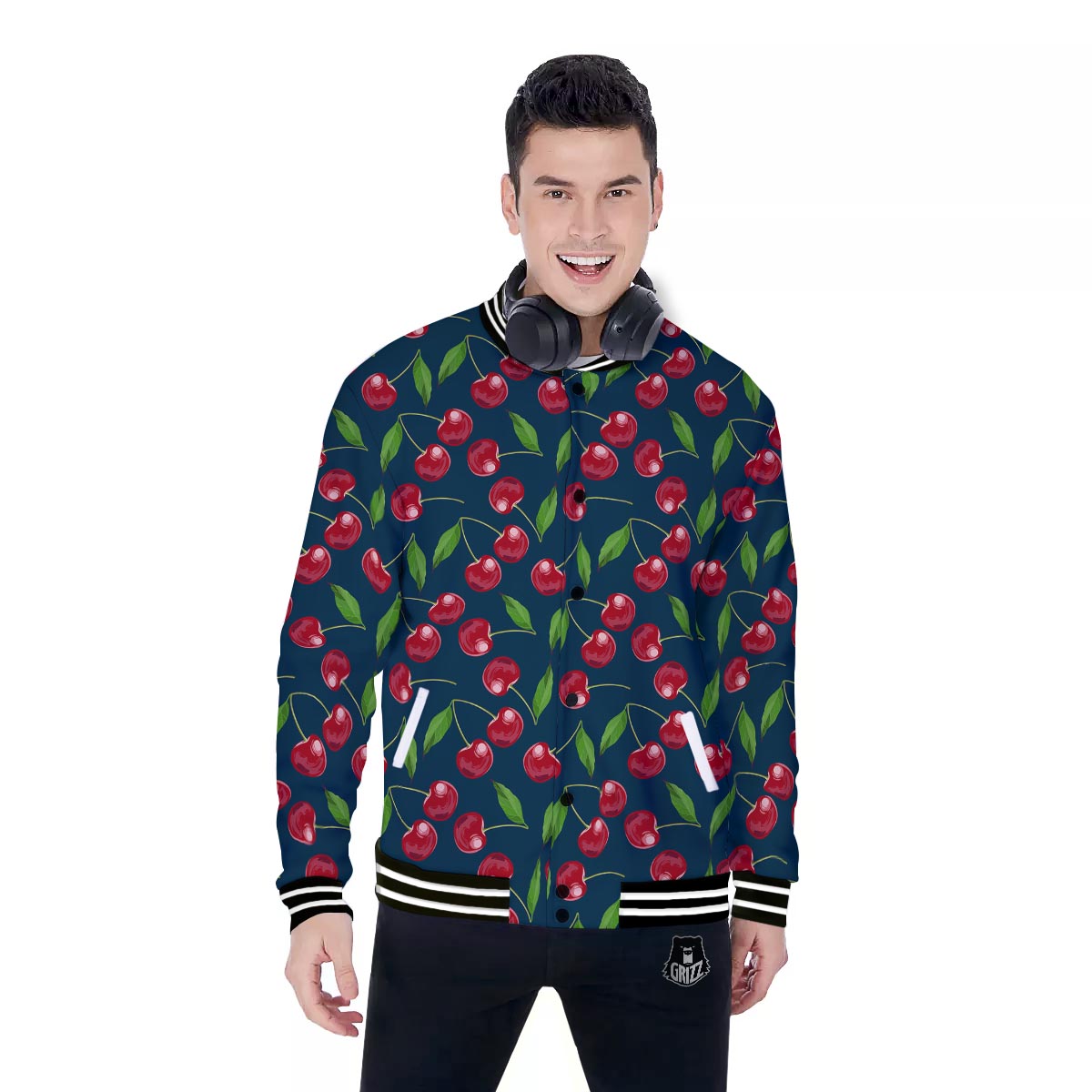 Cherry Red Print Pattern Baseball Jacket-grizzshop