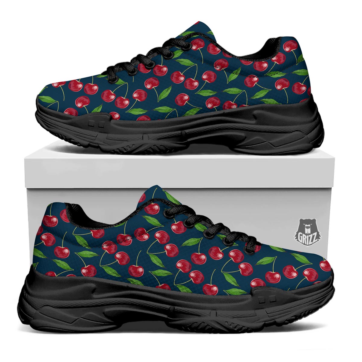 Cherry Red Print Pattern Black Chunky Shoes-grizzshop