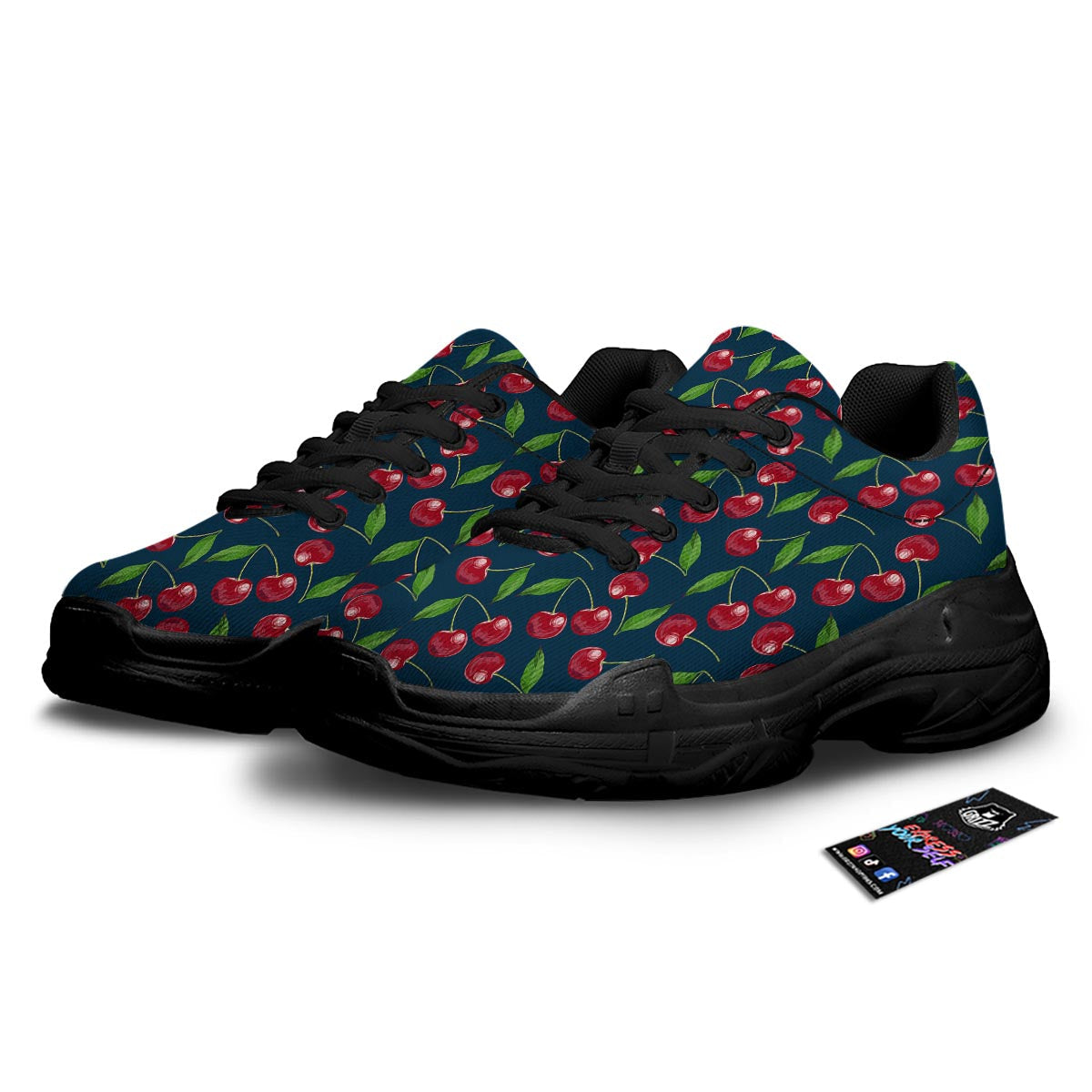 Cherry Red Print Pattern Black Chunky Shoes-grizzshop