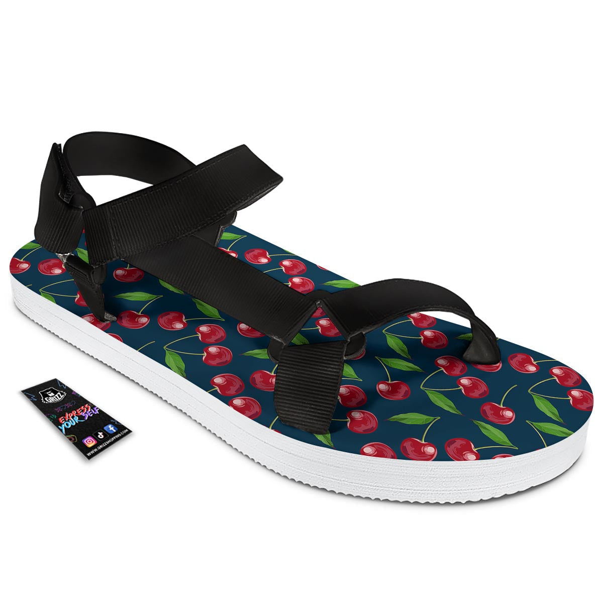 Cherry Red Print Pattern Black Open Toe Sandals-grizzshop