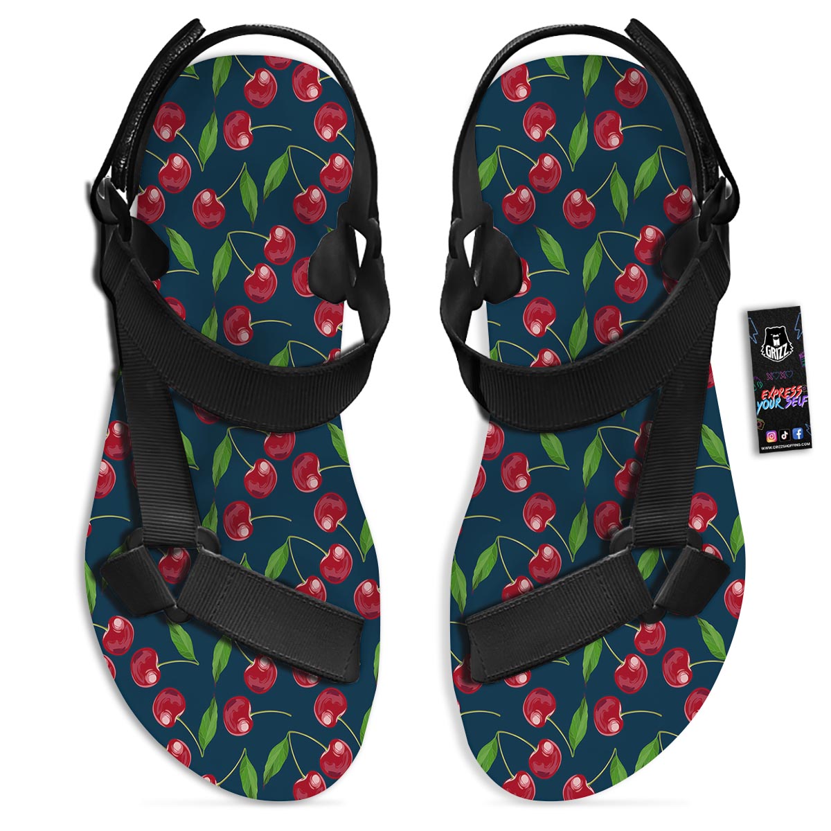 Cherry Red Print Pattern Black Open Toe Sandals-grizzshop