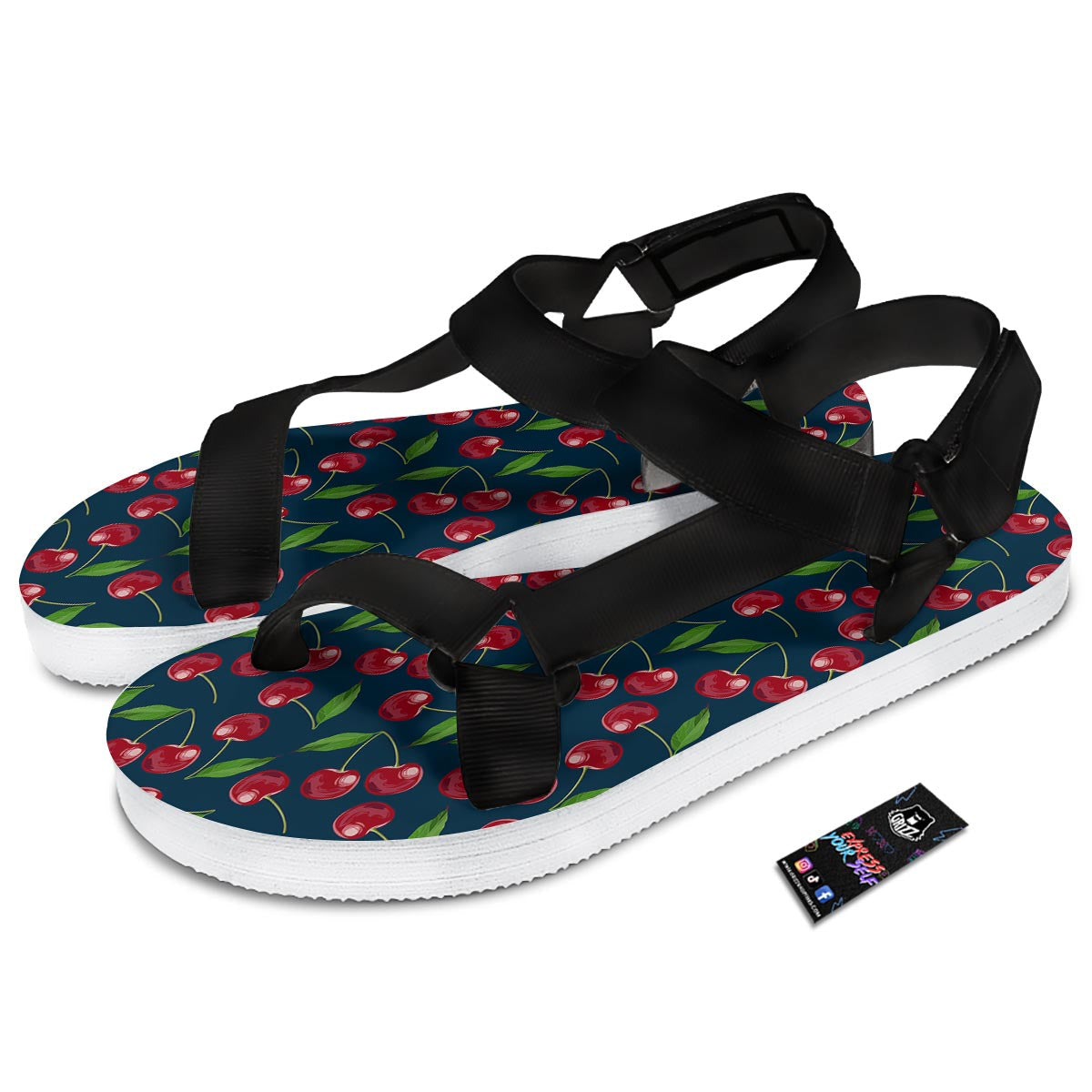 Cherry Red Print Pattern Black Open Toe Sandals-grizzshop
