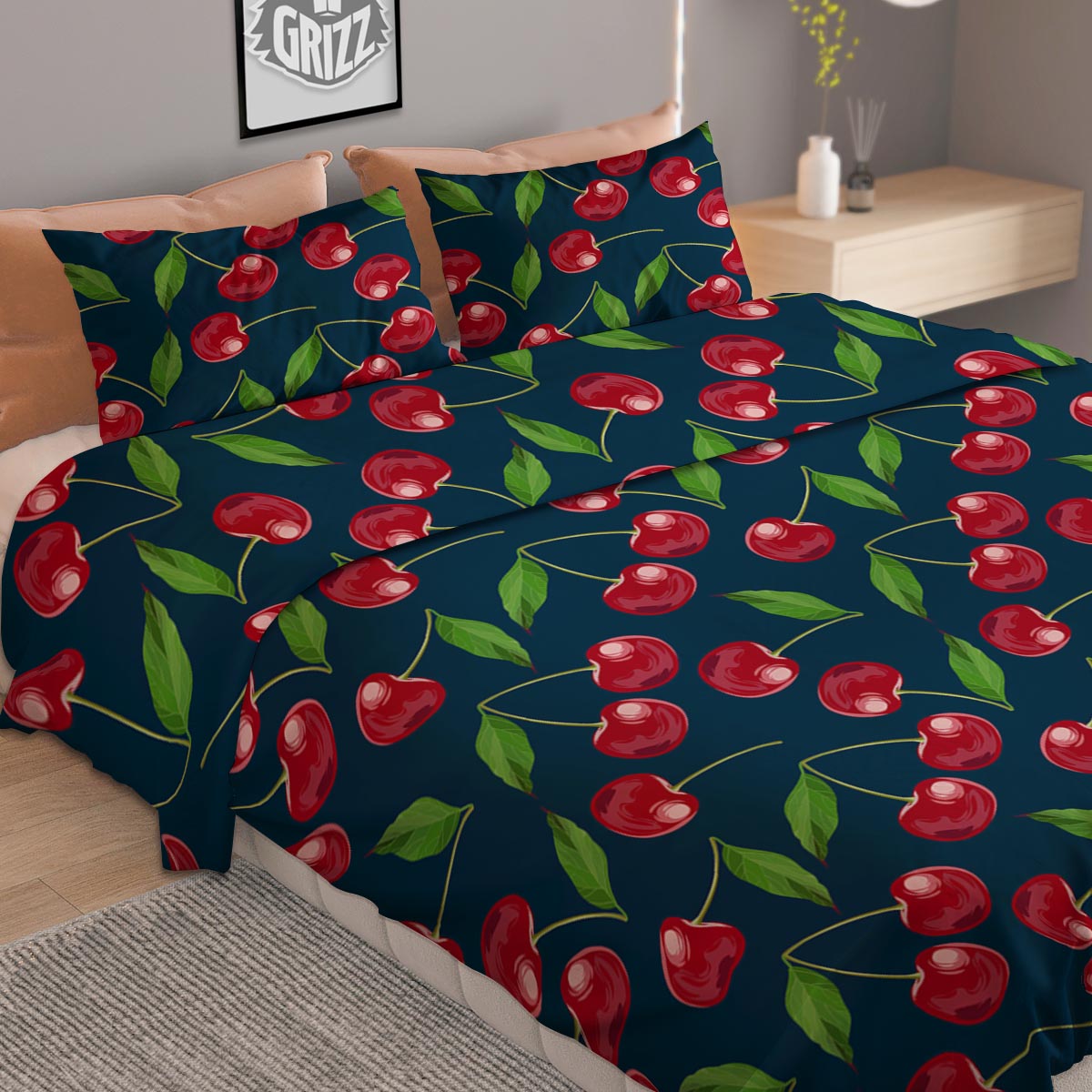 Cherry Red Print Pattern Duvet Cover Bedding Set-grizzshop