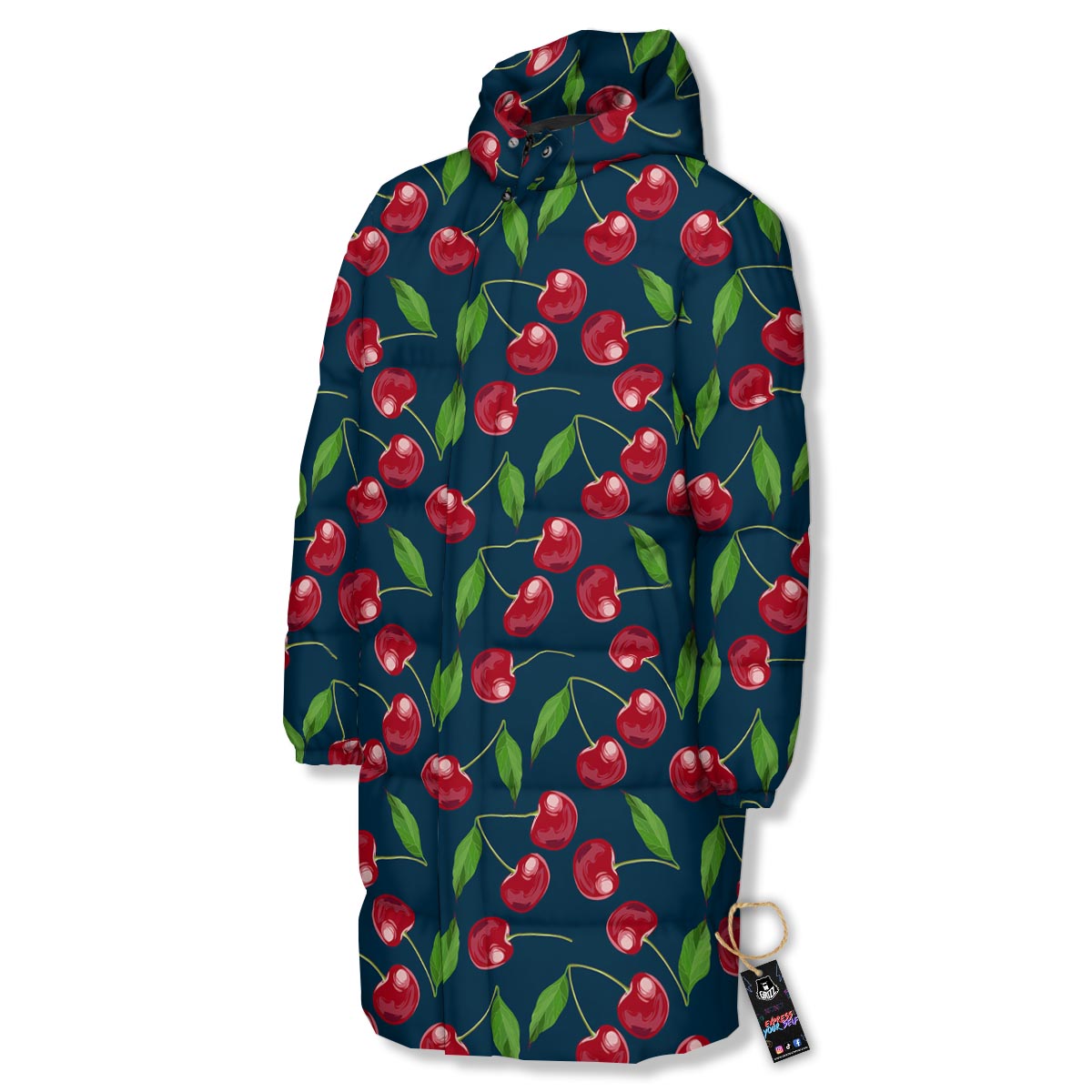 Cherry Red Print Pattern Long Down Jacket-grizzshop