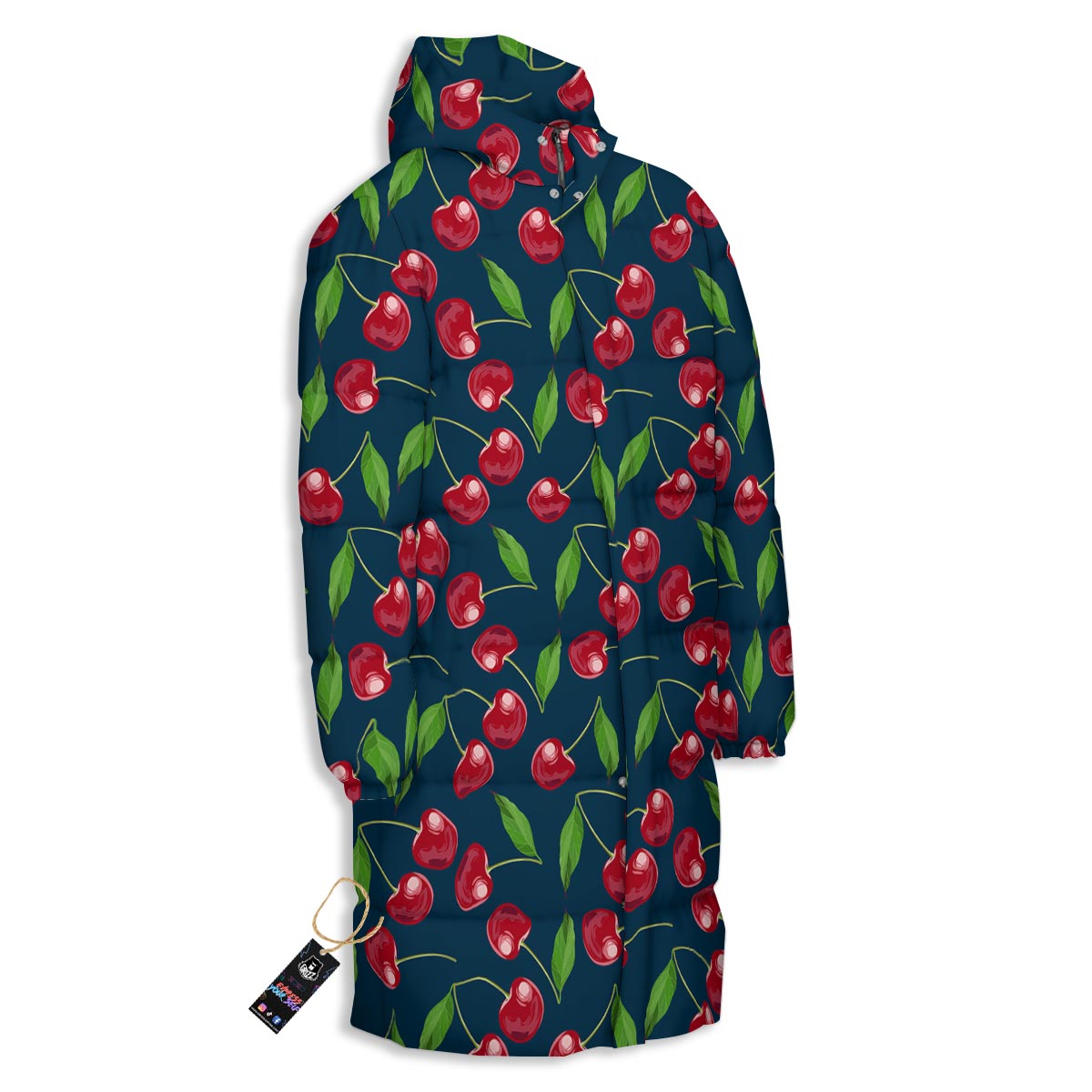 Cherry Red Print Pattern Long Down Jacket-grizzshop