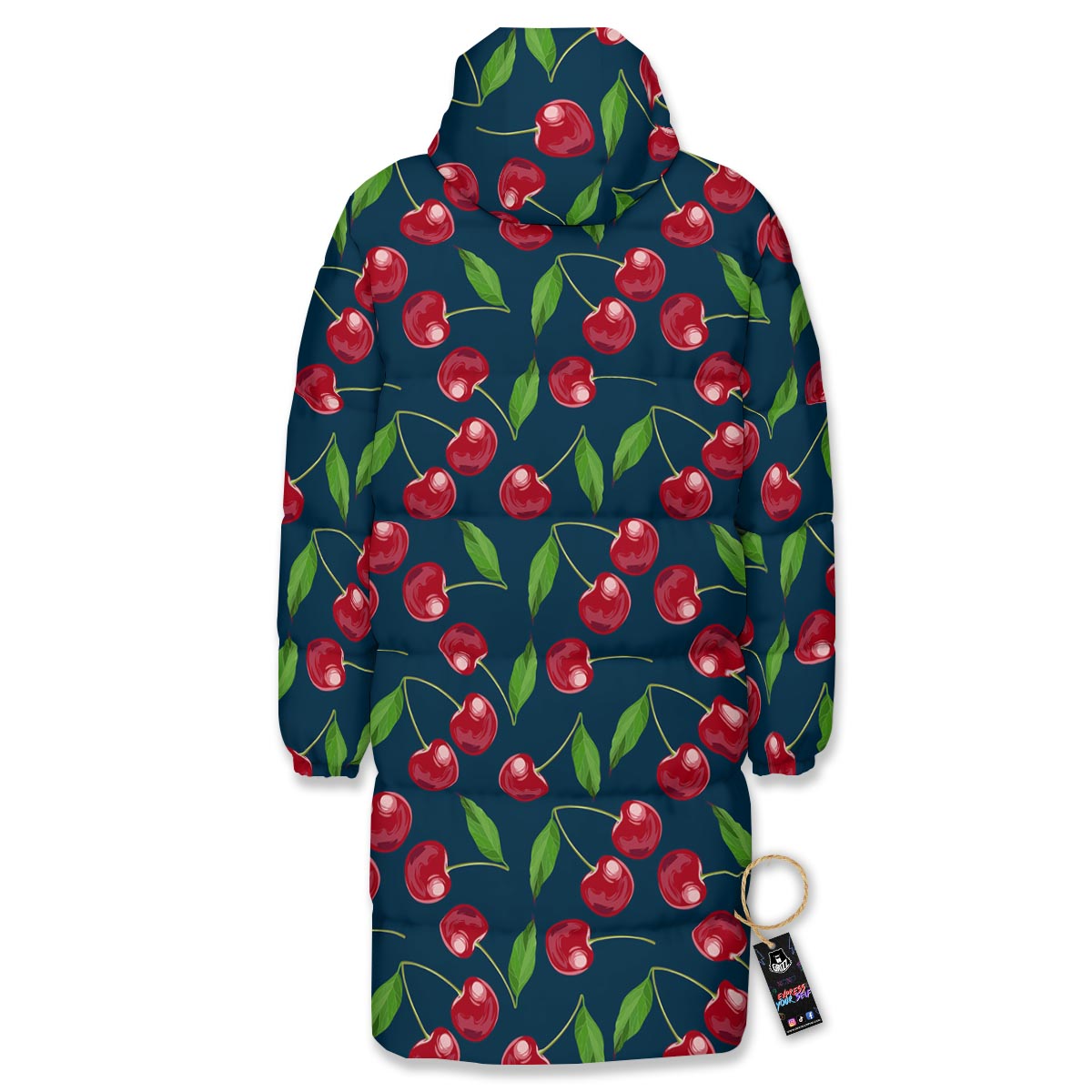 Cherry Red Print Pattern Long Down Jacket-grizzshop