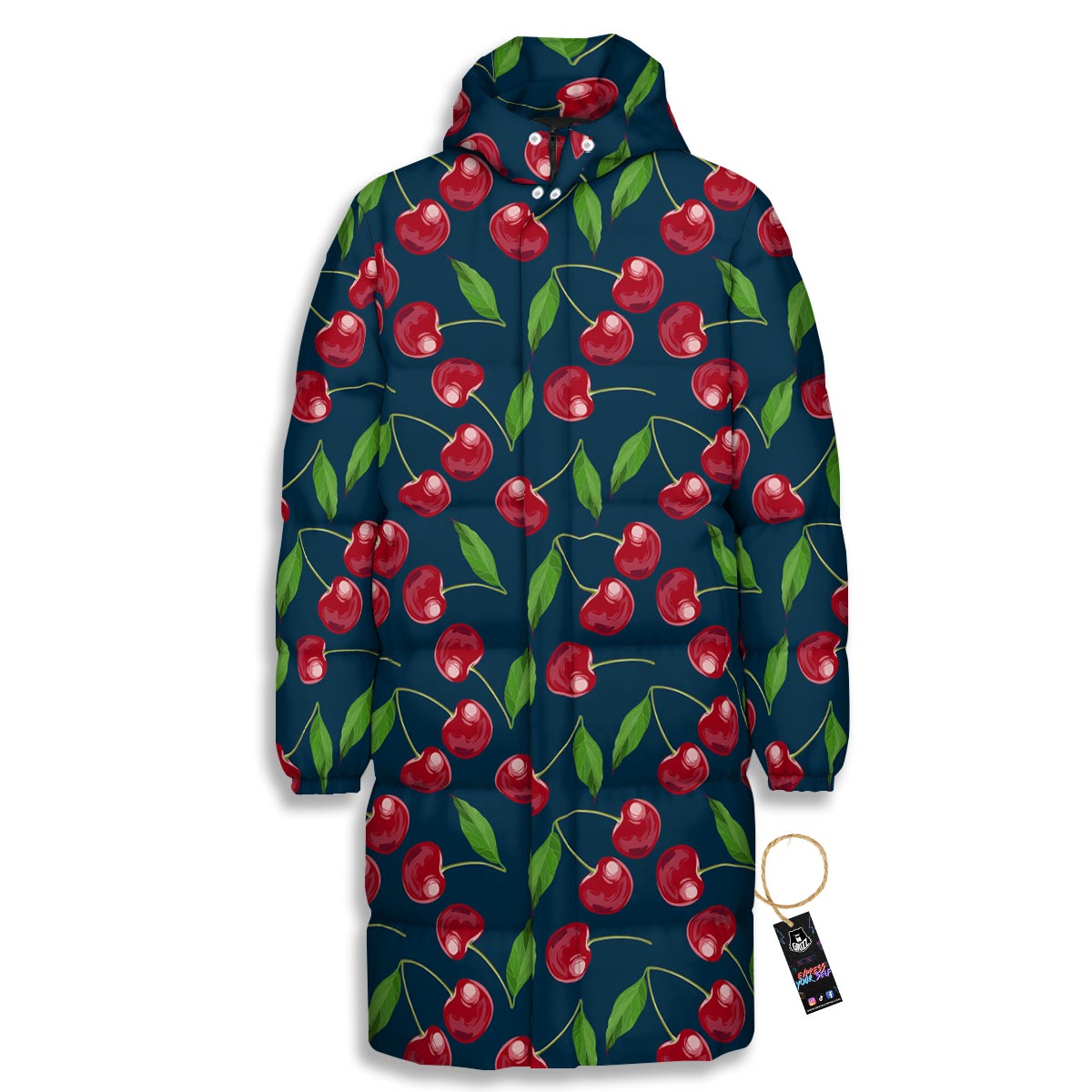 Cherry Red Print Pattern Long Down Jacket-grizzshop