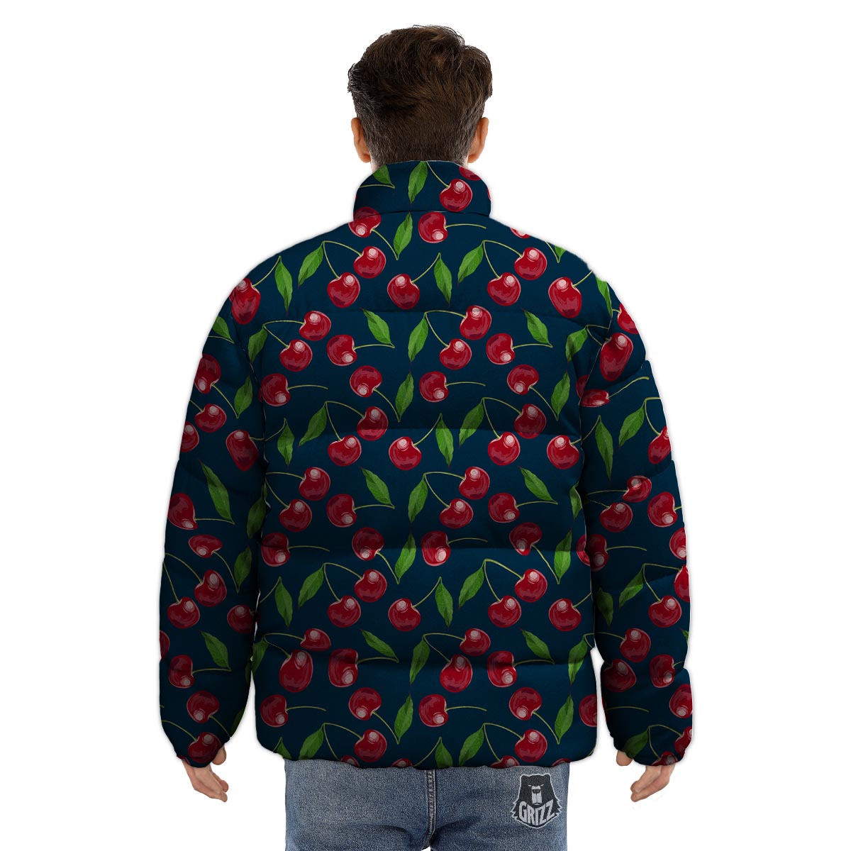 Cherry Red Print Pattern Puffer Jacket-grizzshop