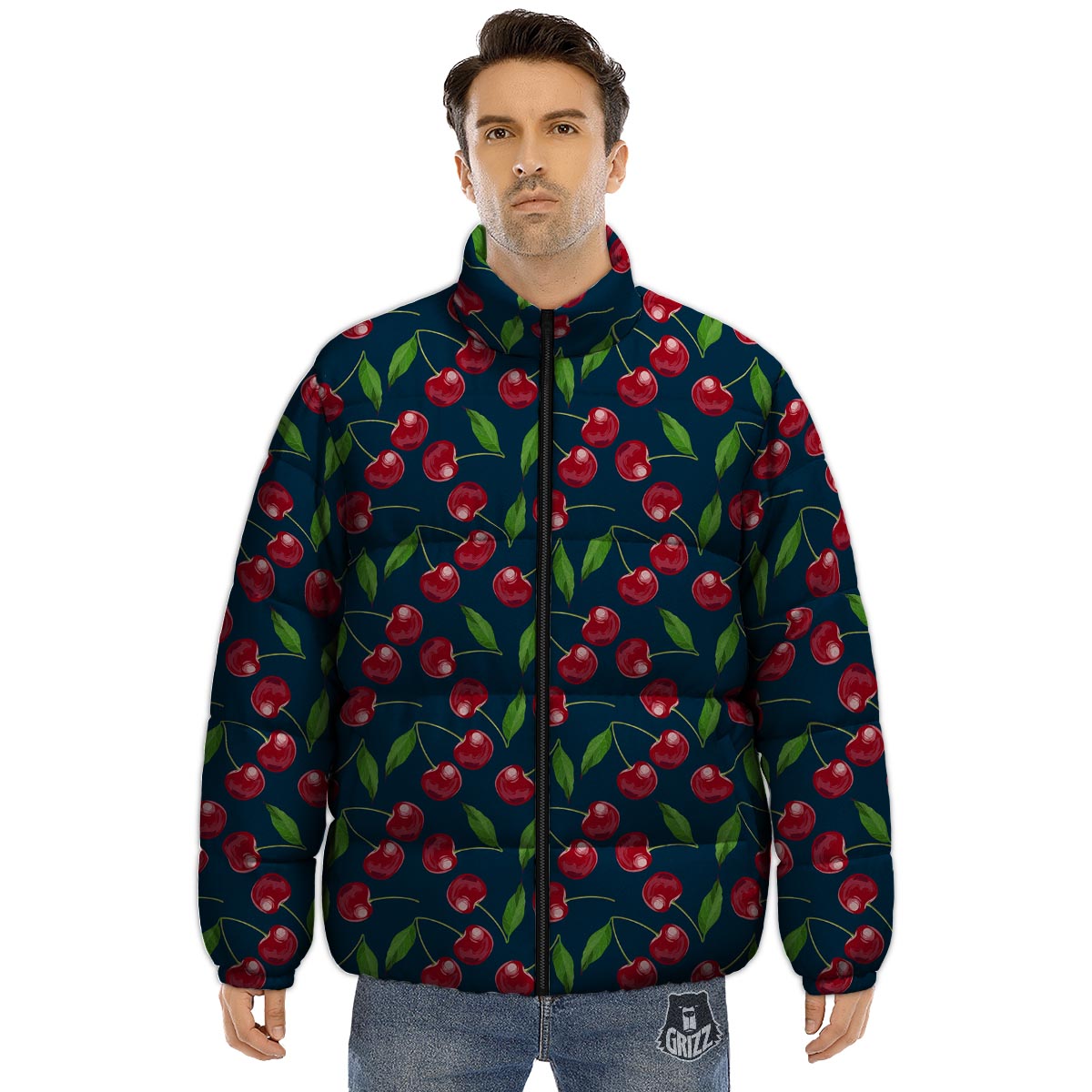 Cherry Red Print Pattern Puffer Jacket-grizzshop